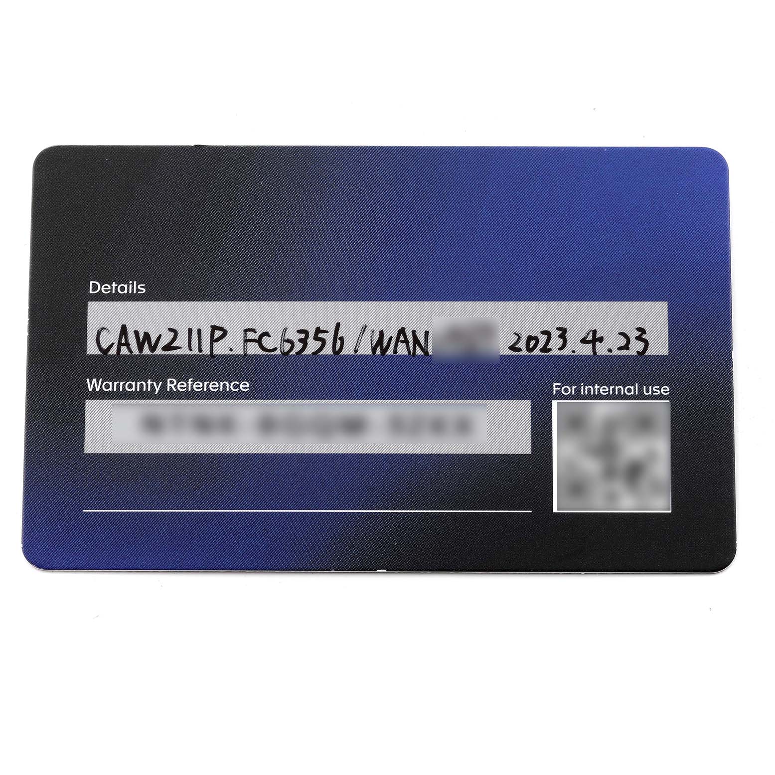 The image shows a warranty card for the Tag Heuer Monaco CAW211P Men's Stainless Steel Blue Dial CAW211P Men's Stainless Steel Blue Dial model.