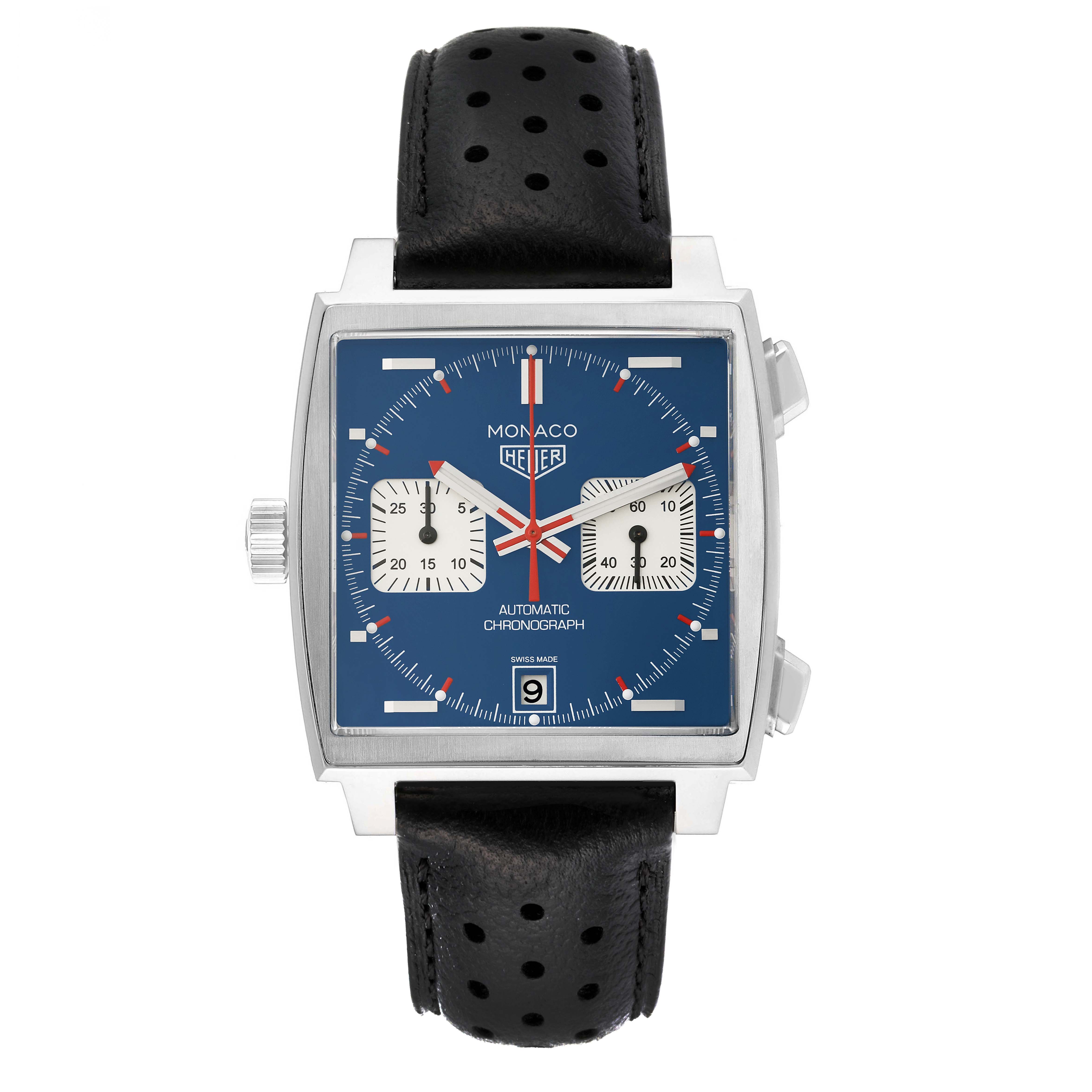 The image shows a frontal view of a Tag Heuer Monaco CAW211P Men's Stainless Steel Blue Dial CAW211P Men's Stainless Steel Blue Dial watch with a squared blue dial, black leather strap, and chronograph functions.