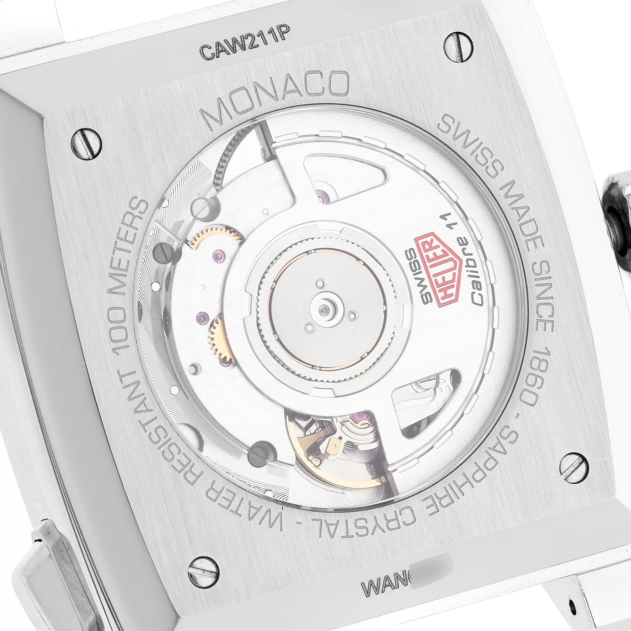 The image shows the back of a Tag Heuer Monaco CAW211P Men's Stainless Steel Blue Dial CAW211P Men's Stainless Steel Blue Dial watch, highlighting its movement and assembly details.