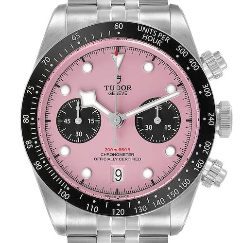 The Tudor Heritage Black Bay M79360N-0019 Men's Stainless Steel Pink Dial watch is shown from the front, displaying the dial, bezel, and pushers.