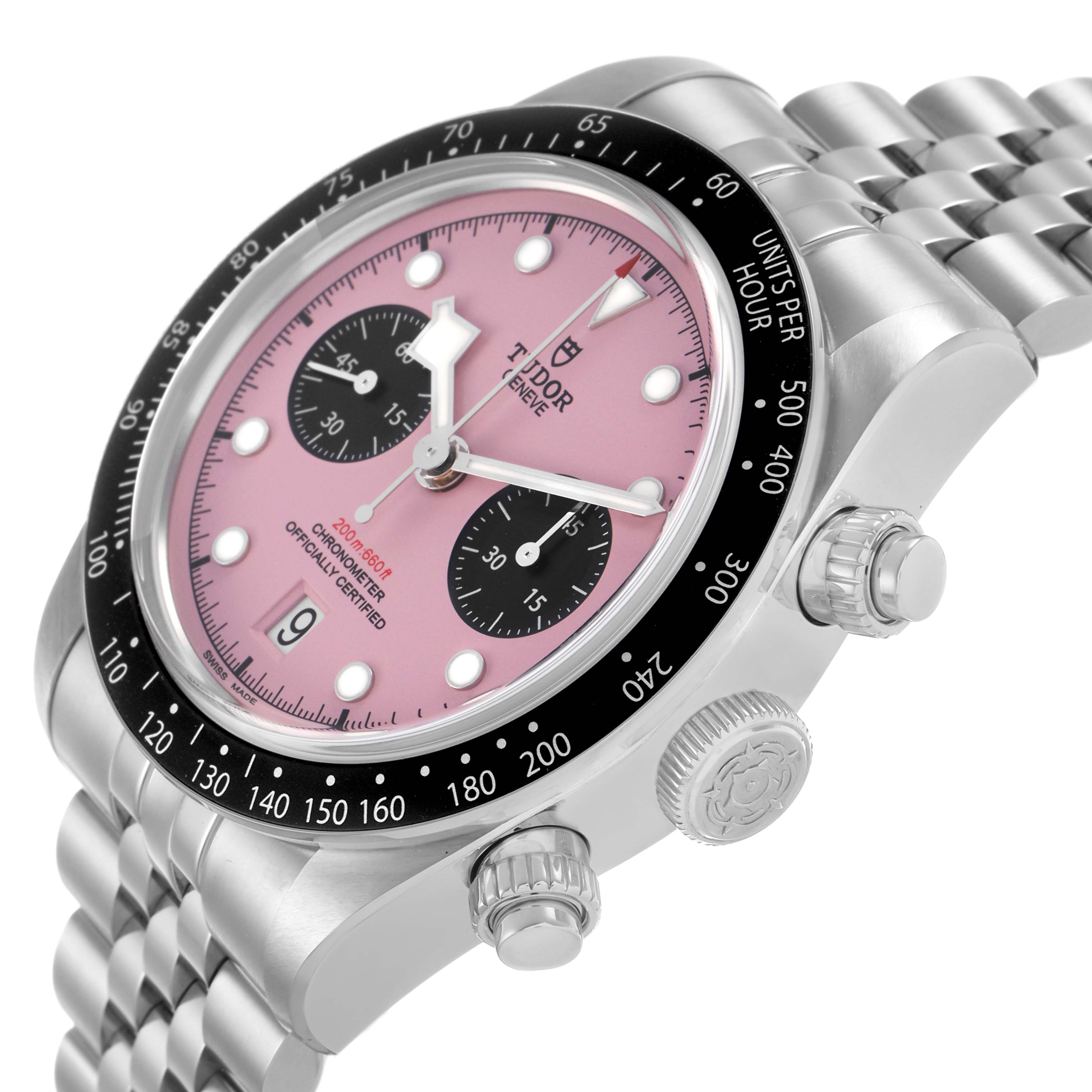 The Tudor Heritage Black Bay M79360N-0019 Men's Stainless Steel Pink Dial is shown at a slight side angle, displaying the pink dial, black bezel, crown, pushers, and bracelet.