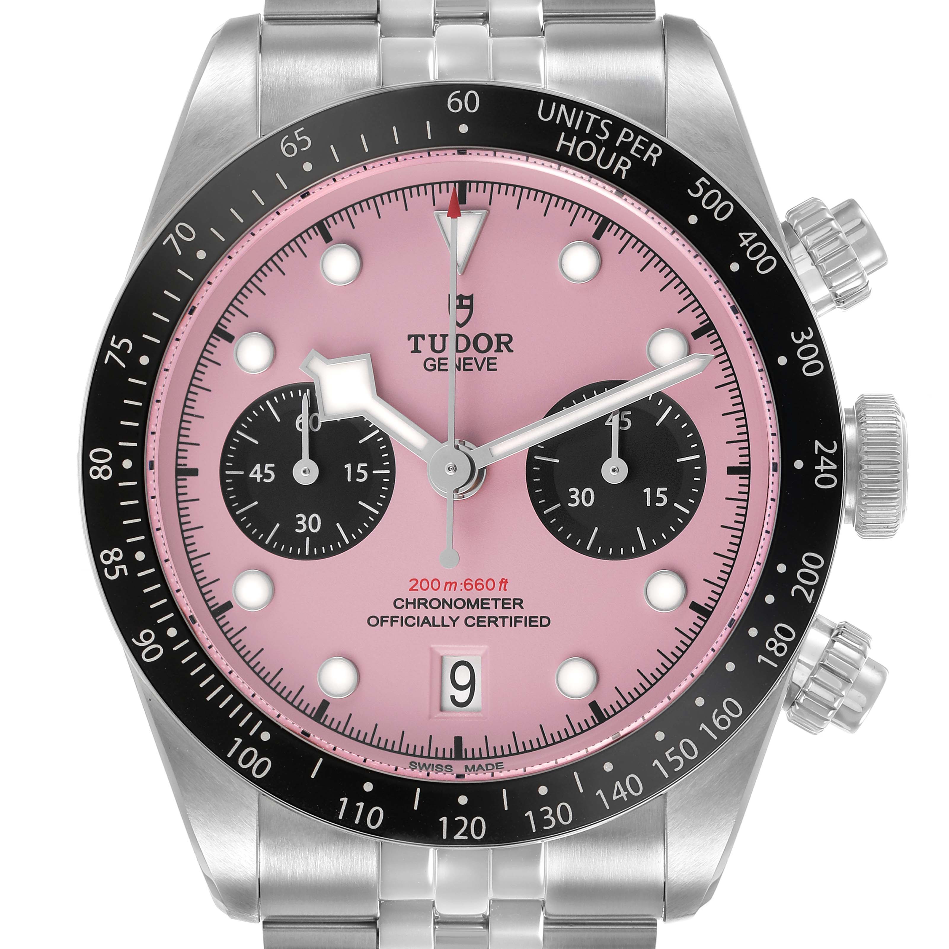 The Tudor Heritage Black Bay M79360N-0019 Men's Stainless Steel Pink Dial watch is shown from a front view, highlighting its pink dial, black sub-dials, and bezel.
