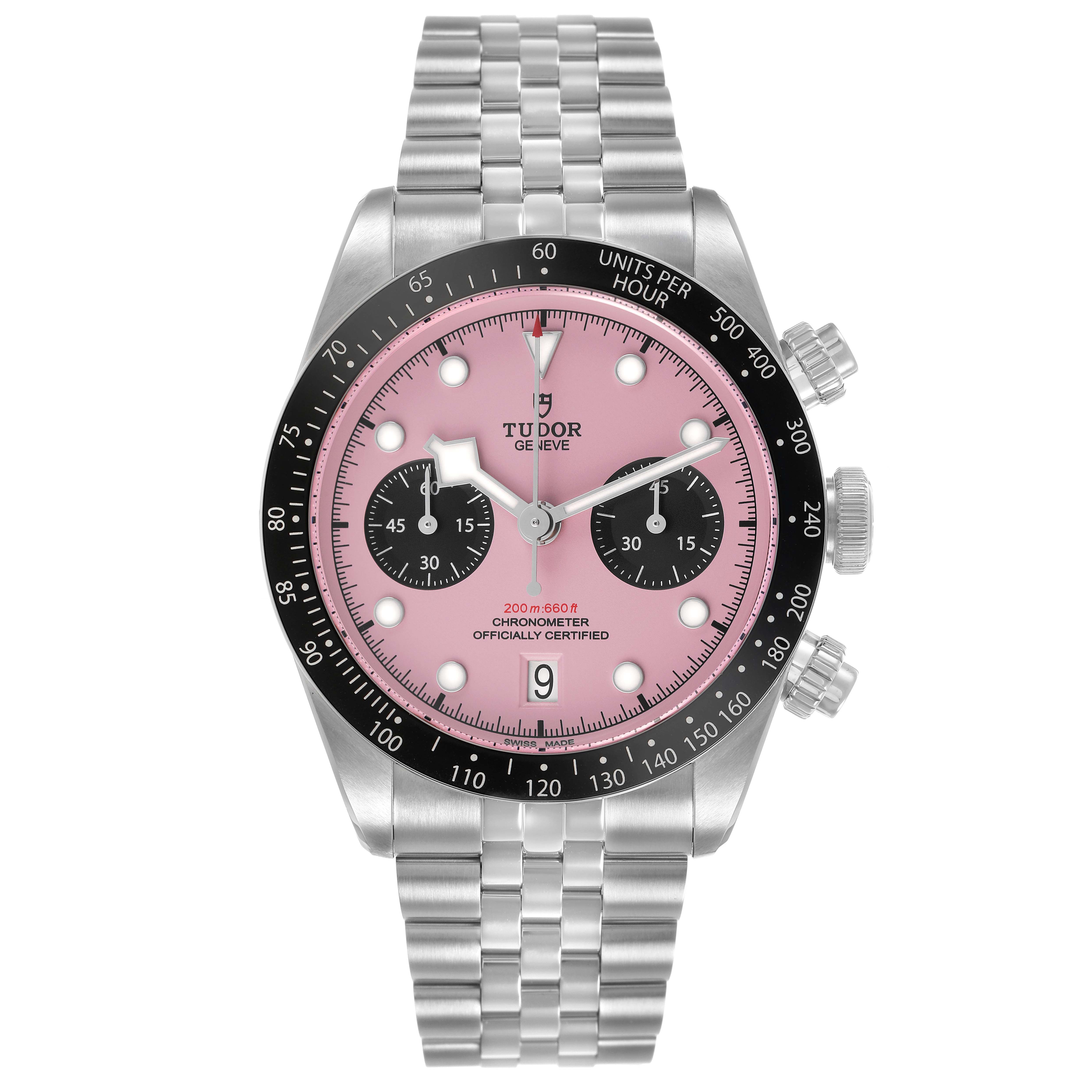 The Tudor Heritage Black Bay M79360N-0019 Men's Stainless Steel Pink Dial watch is shown from the front, highlighting the pink dial, bezel, and bracelet.