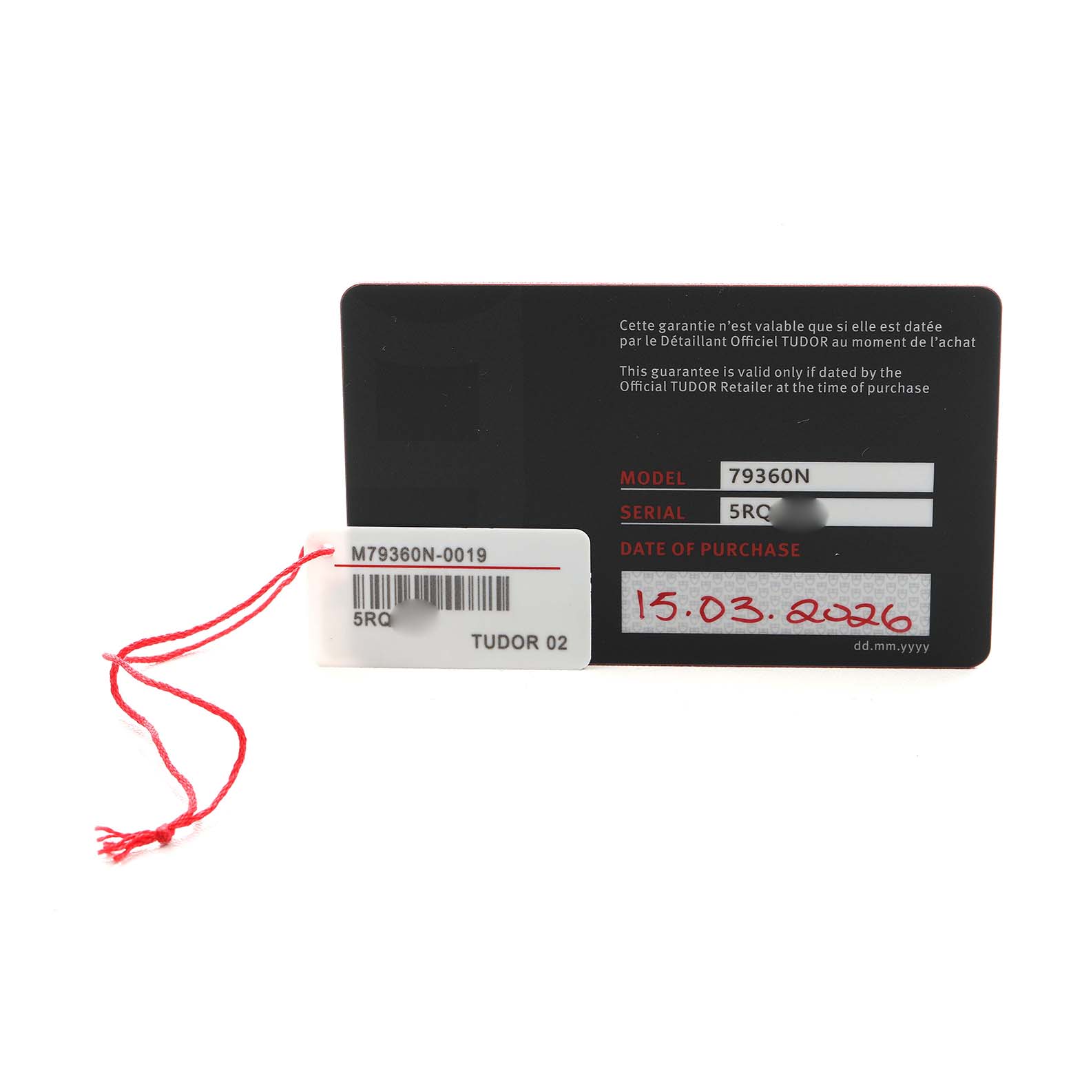 The image shows a warranty card and tag for a Tudor Heritage Black Bay M79360N-0019 Men's Stainless Steel Pink Dial watch, displaying model, serial, and purchase date.