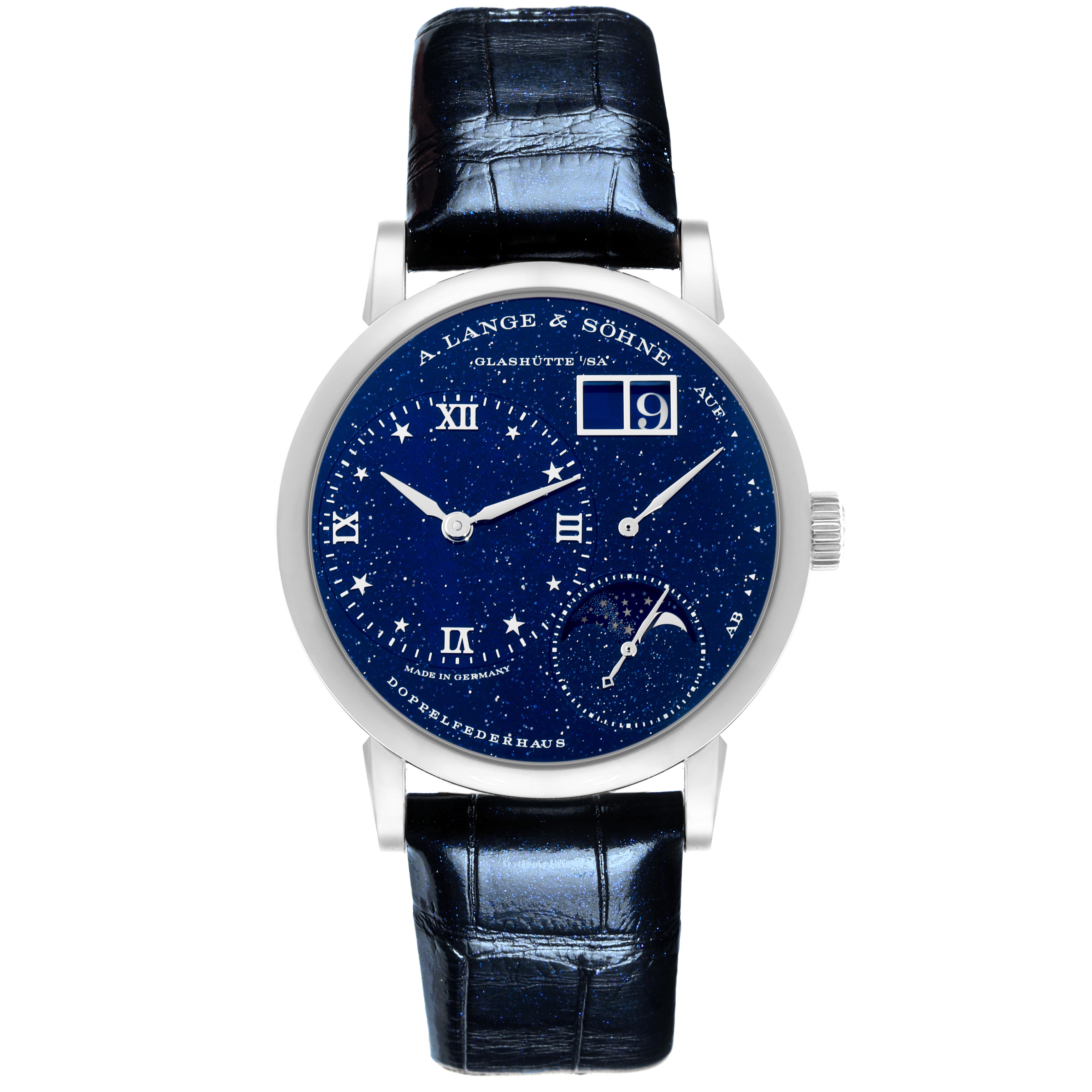 The Lange 1 by A. Lange 
Söhne is shown from the front, displaying its dial and leather strap.