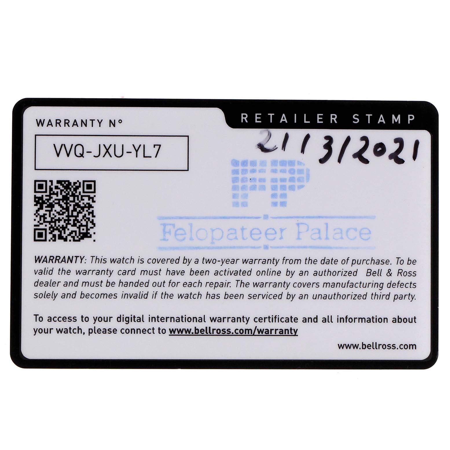 The image shows the warranty card for the Heritage model by Bell & Ross, displaying the warranty number and retailer stamp.