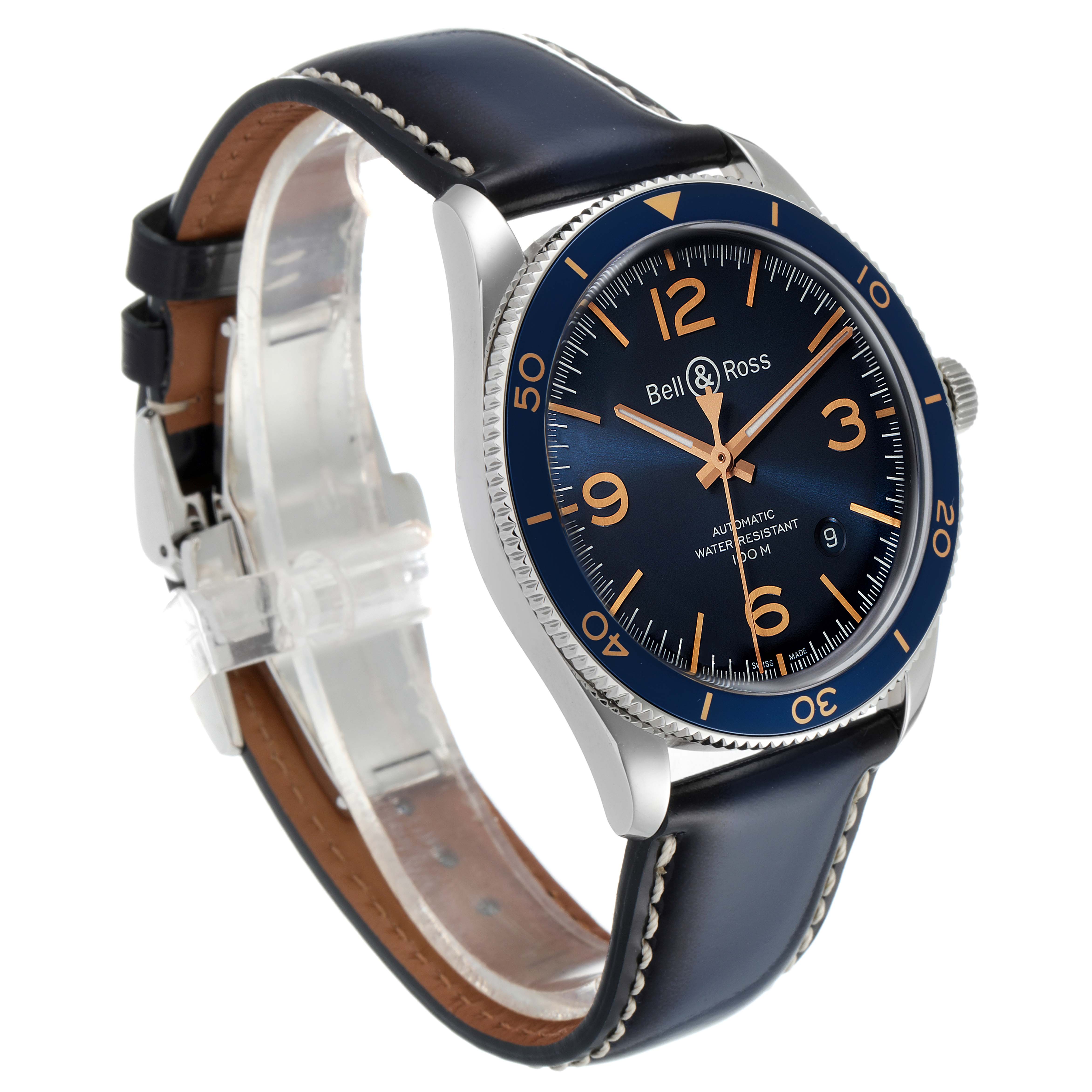 The Bell & Ross Heritage BRV292-BU-G-ST/SCA Men's Stainless Steel Blue Dial BRV292-BU-G-ST/SCA Men's Stainless Steel Blue Dial model watch is shown at an angled view, featuring the face, bezel, crown, and leather strap.