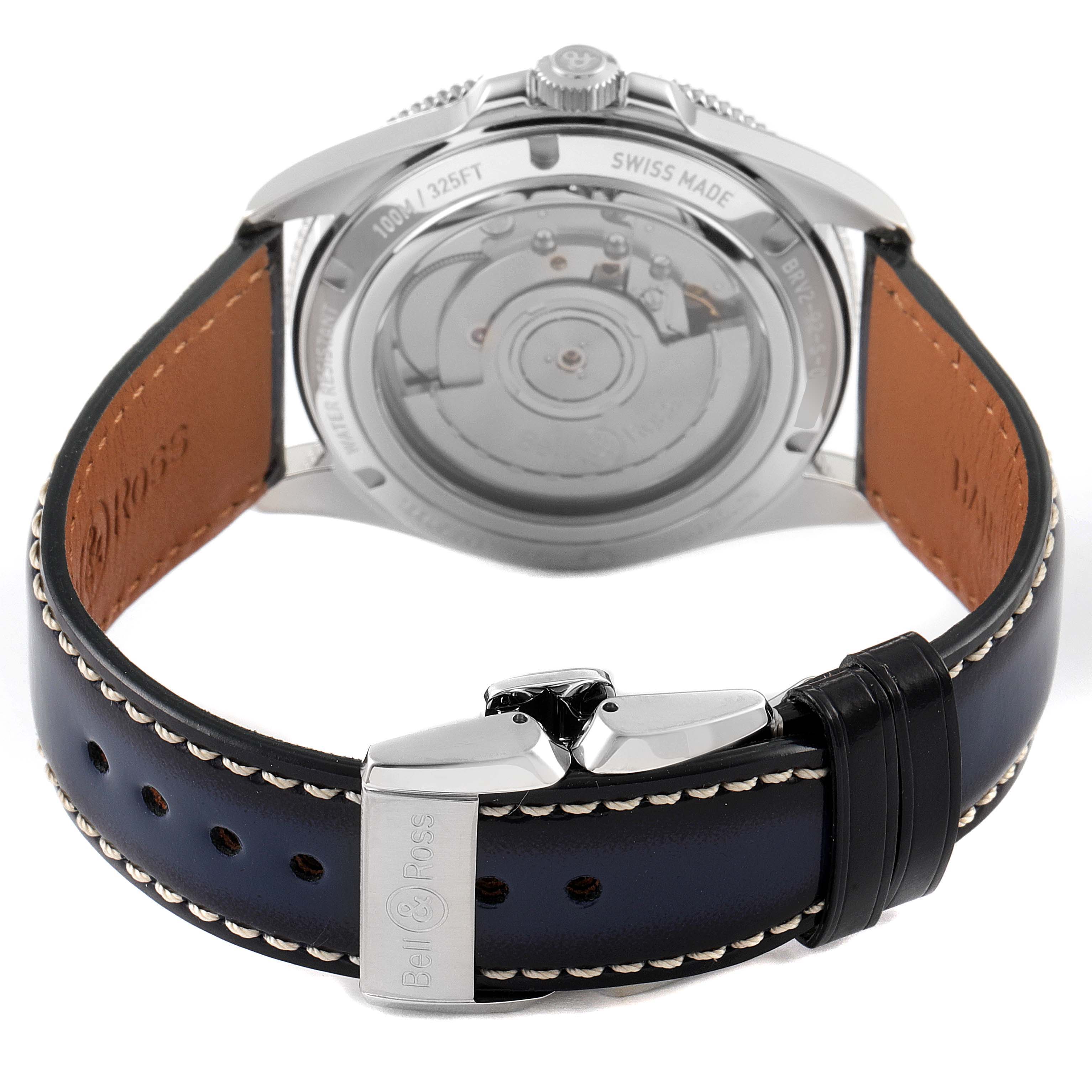 The image shows the backcase and strap of the Bell & Ross Heritage BRV292-BU-G-ST/SCA Men's Stainless Steel Blue Dial BRV292-BU-G-ST/SCA Men's Stainless Steel Blue Dial model watch, highlighting the movement through the transparent case back.