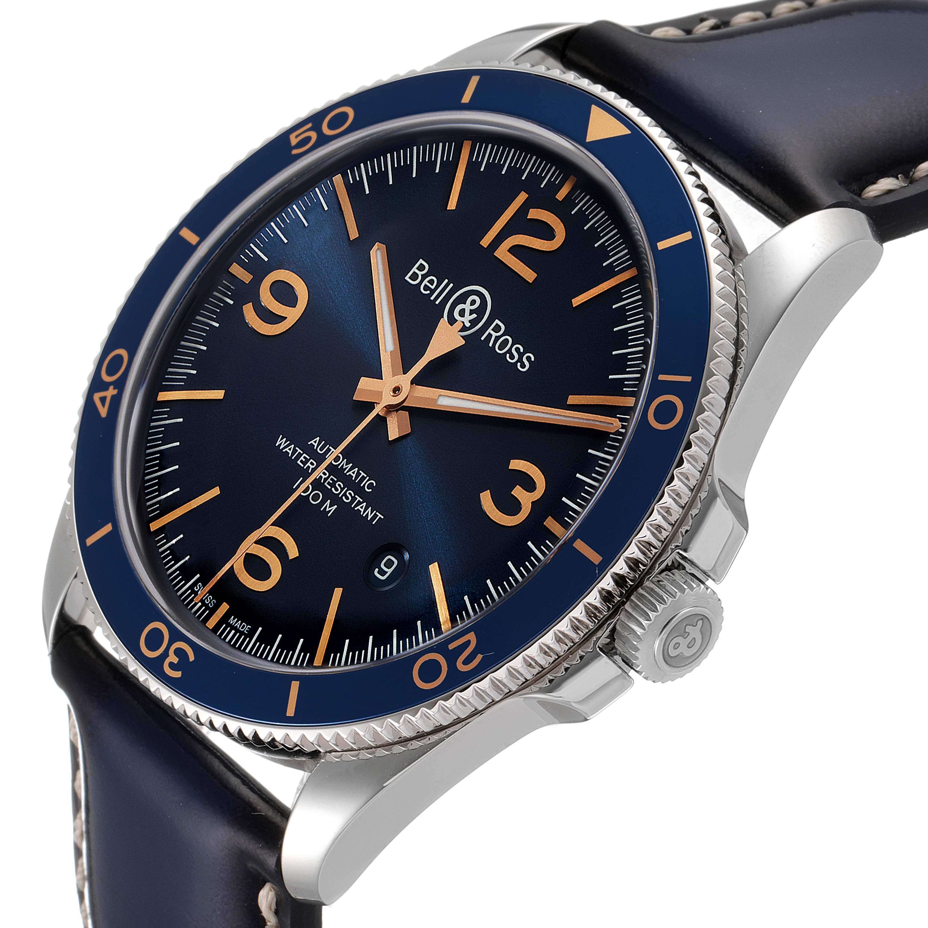 The image shows a side view of the Bell & Ross Heritage BRV292-BU-G-ST/SCA Men's Stainless Steel Blue Dial BRV292-BU-G-ST/SCA Men's Stainless Steel Blue Dial model watch, highlighting the dial, bezel, and part of the strap.