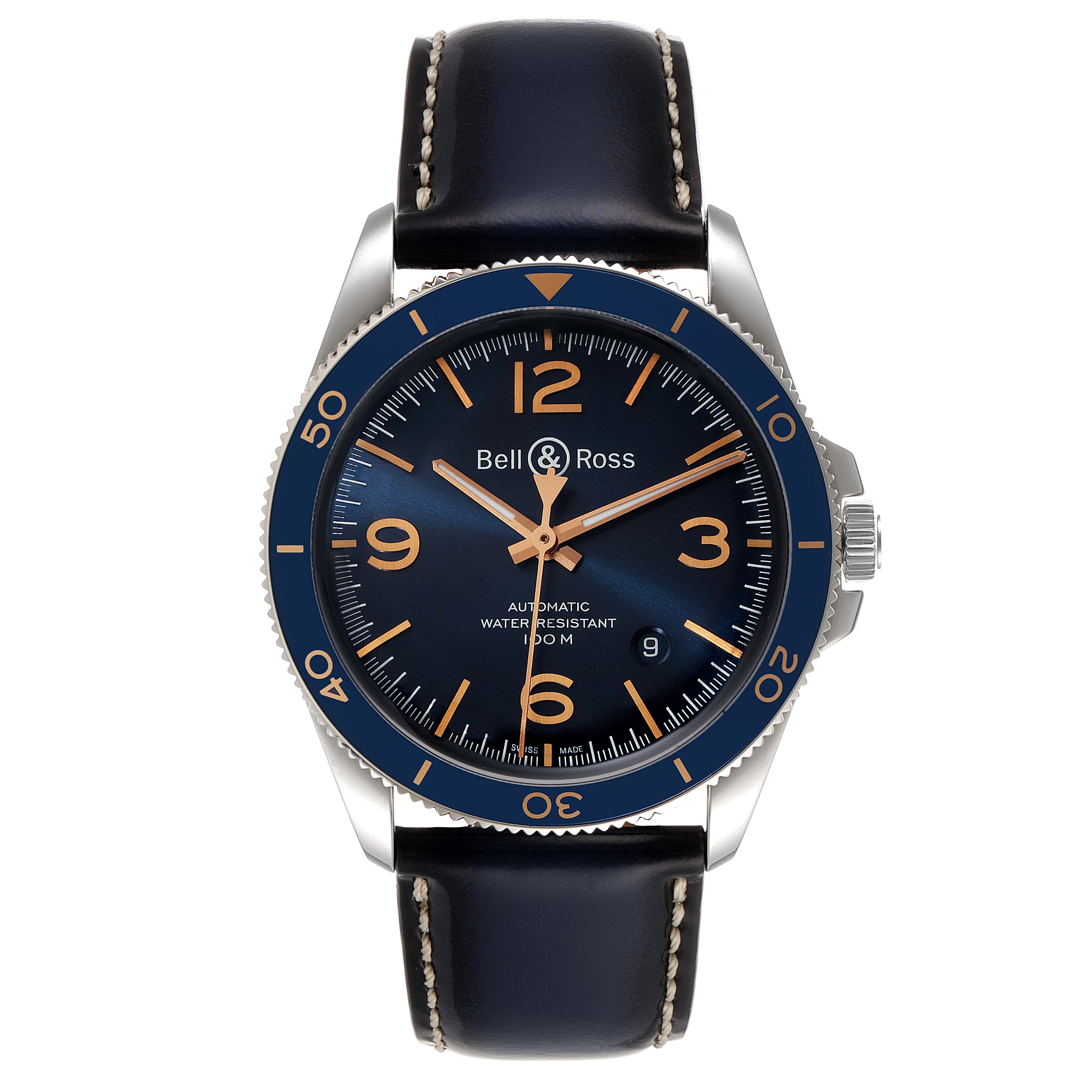 The image shows a front view of the Bell & Ross Heritage BRV292-BU-G-ST/SCA Men's Stainless Steel Blue Dial BRV292-BU-G-ST/SCA Men's Stainless Steel Blue Dial model watch featuring its dial, bezel, hands, and leather strap.
