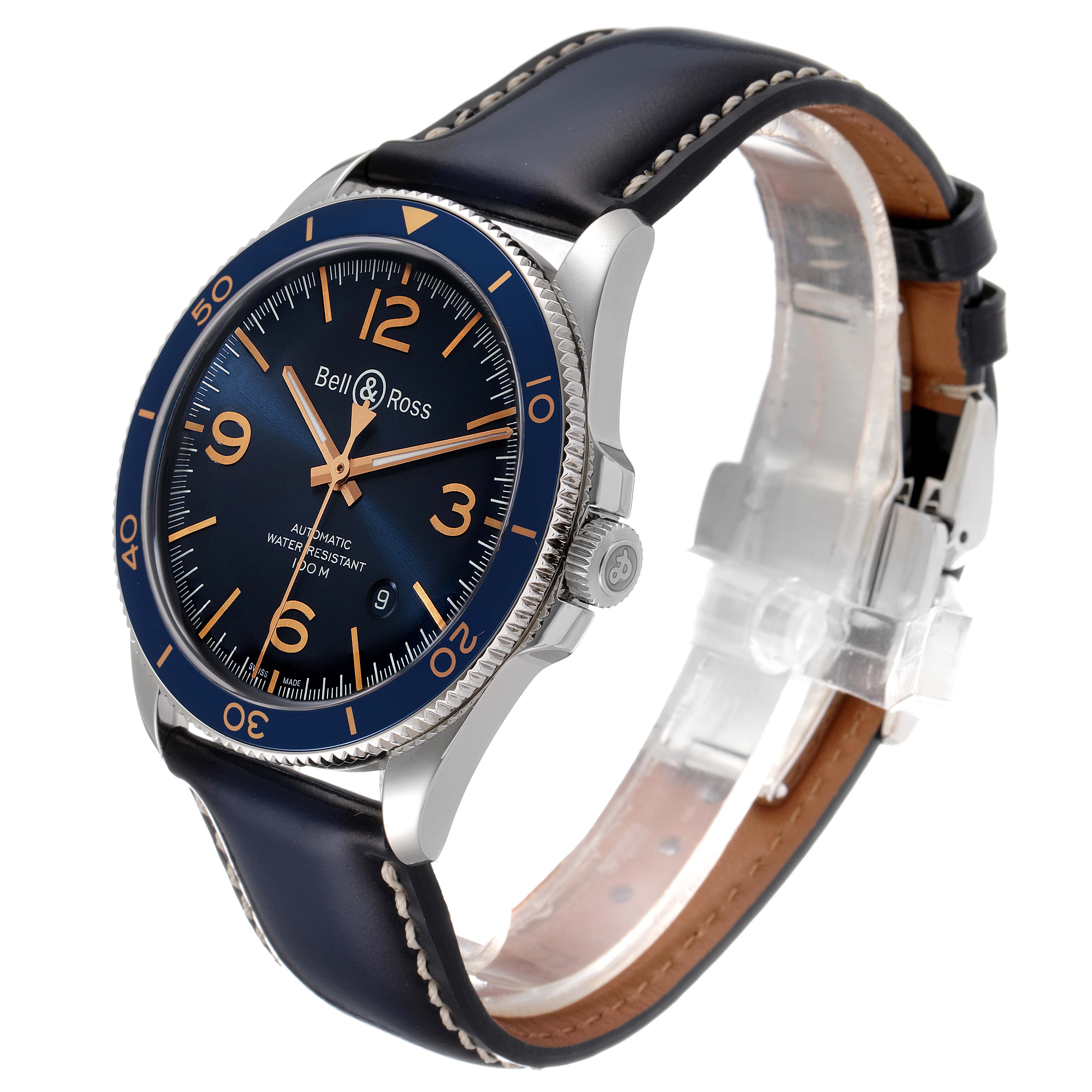 The image shows a Bell & Ross Heritage BRV292-BU-G-ST/SCA Men's Stainless Steel Blue Dial BRV292-BU-G-ST/SCA Men's Stainless Steel Blue Dial model watch from a front-side angle, displaying the face, bezel, crown, and leather strap.