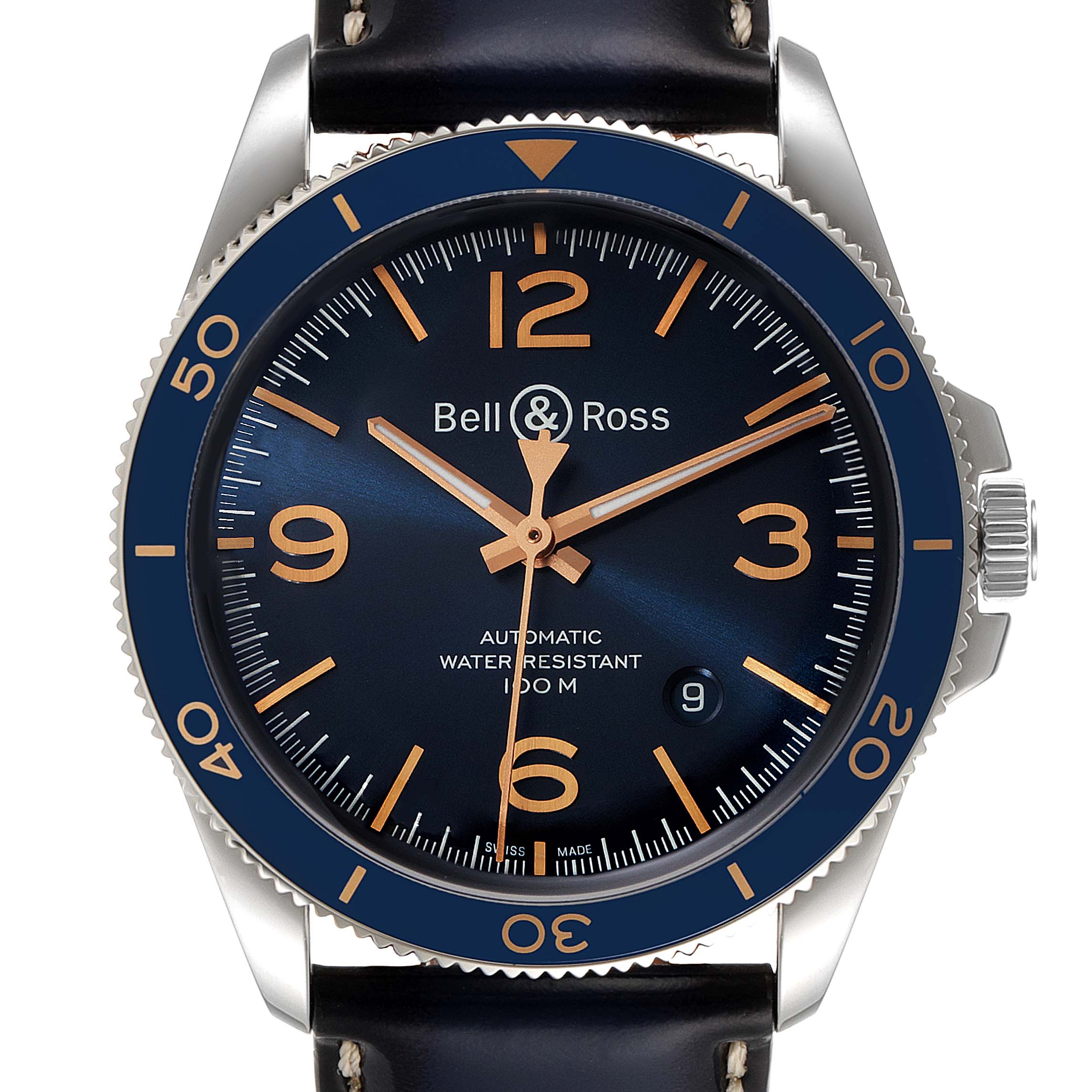The image shows a front view of the Bell & Ross Heritage BRV292-BU-G-ST/SCA Men's Stainless Steel Blue Dial BRV292-BU-G-ST/SCA Men's Stainless Steel Blue Dial model watch, featuring the dial, bezel, and crown.