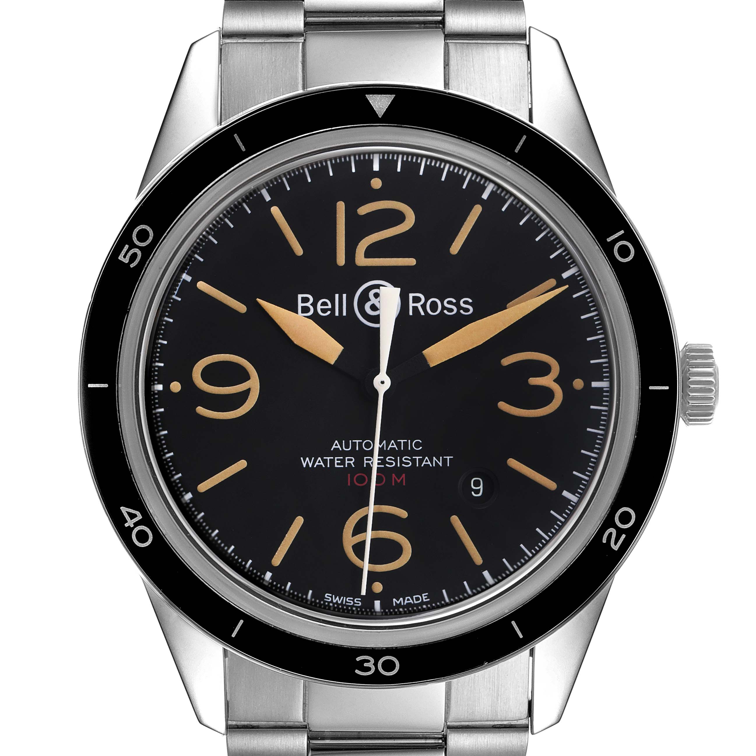 The image shows a front view of the Bell & Ross Heritage BRV123-ST-HER/SST Men's Stainless Steel Black Dial BRV123-ST-HER/SST Men's Stainless Steel Black Dial model watch, highlighting its black dial, numerals, and metal bracelet.
