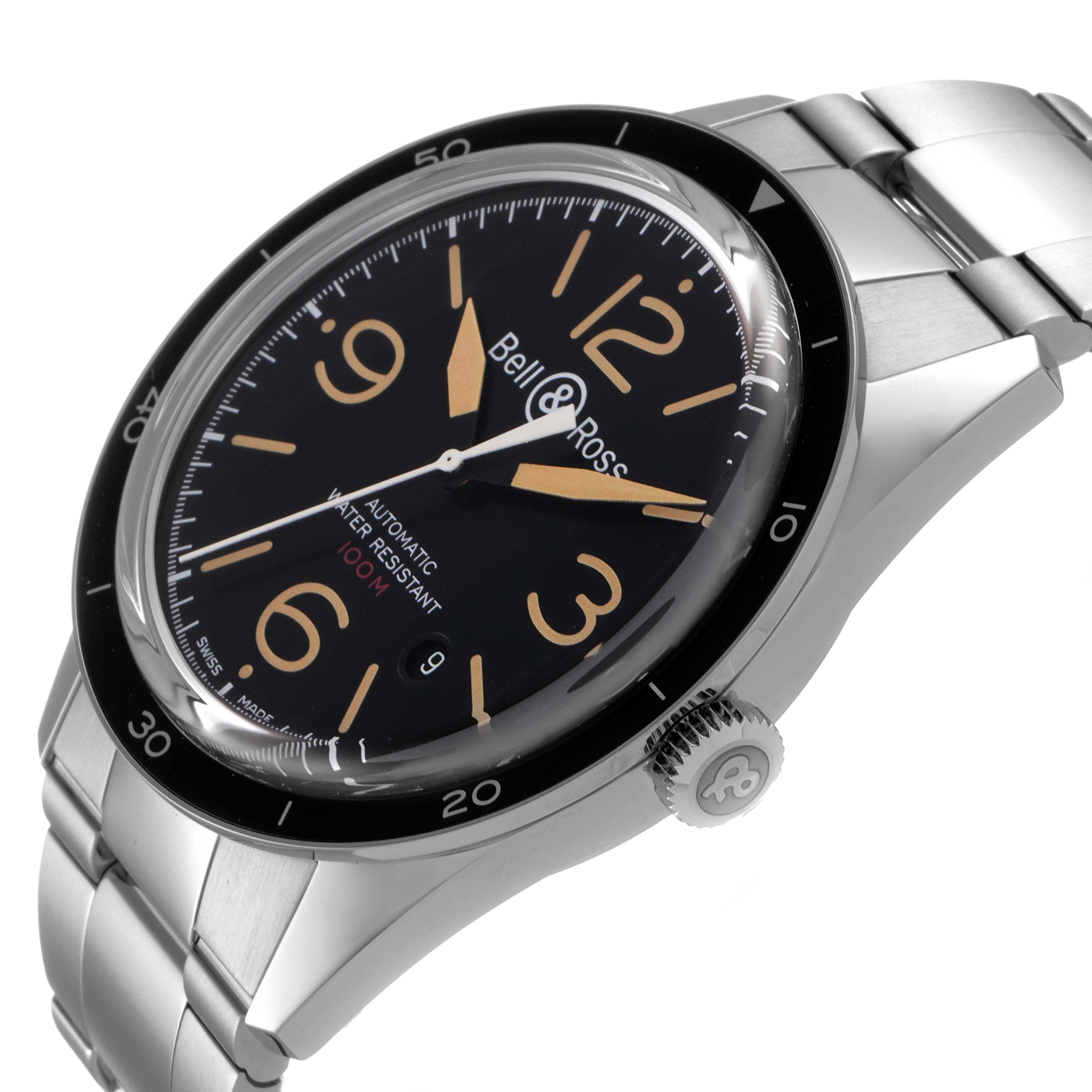 The Bell & Ross Heritage BRV123-ST-HER/SST Men's Stainless Steel Black Dial BRV123-ST-HER/SST Men's Stainless Steel Black Dial model watch is shown at a three-quarter angle displaying the face, crown, bezel, and metal bracelet.