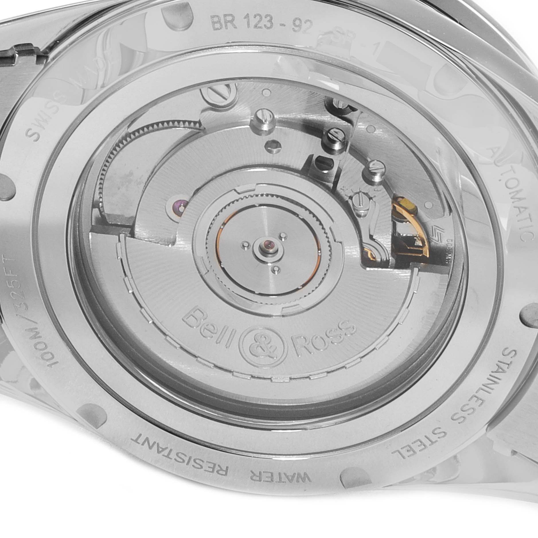 The image shows the back of a Bell & Ross Heritage BRV123-ST-HER/SST Men's Stainless Steel Black Dial BRV123-ST-HER/SST Men's Stainless Steel Black Dial model watch, highlighting the automatic movement mechanism.