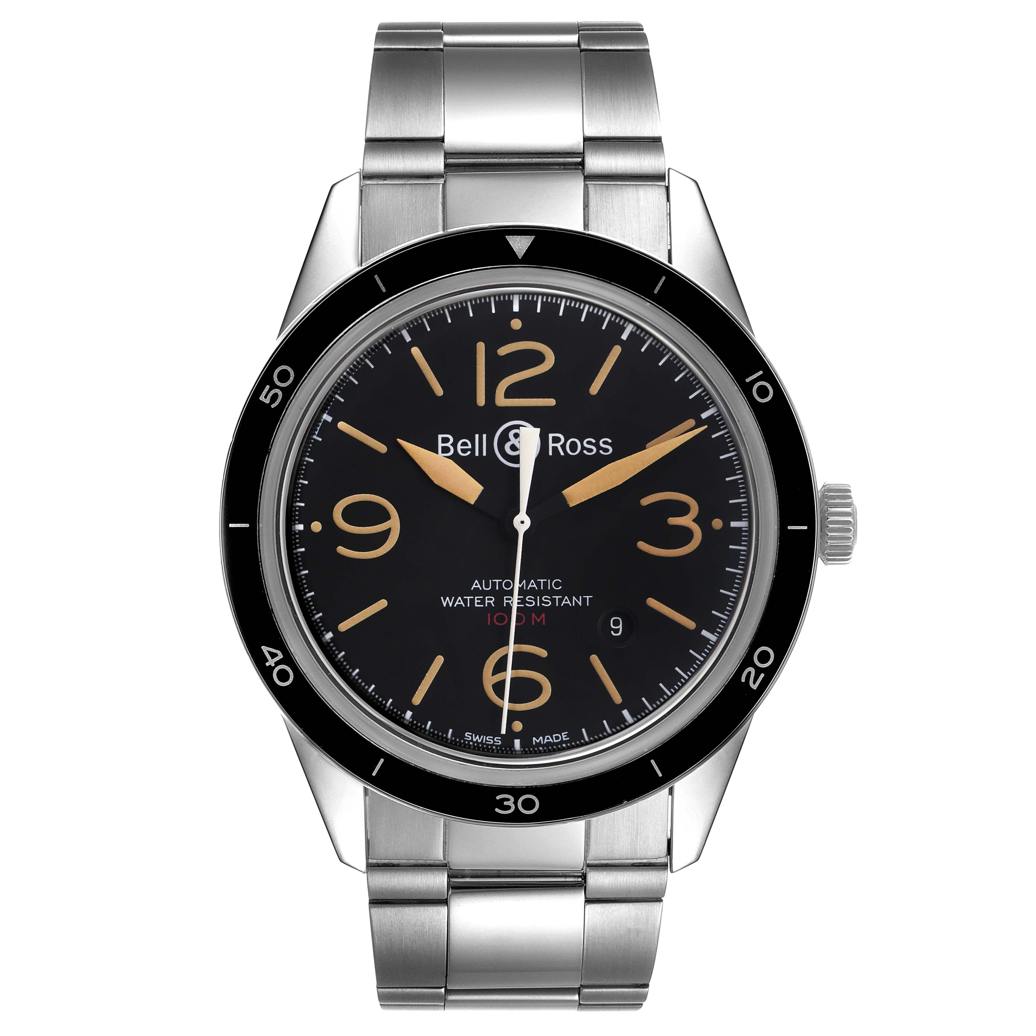The image shows a front view of the Bell & Ross Heritage BRV123-ST-HER/SST Men's Stainless Steel Black Dial BRV123-ST-HER/SST Men's Stainless Steel Black Dial model watch, displaying the dial, bezel, and metal bracelet.