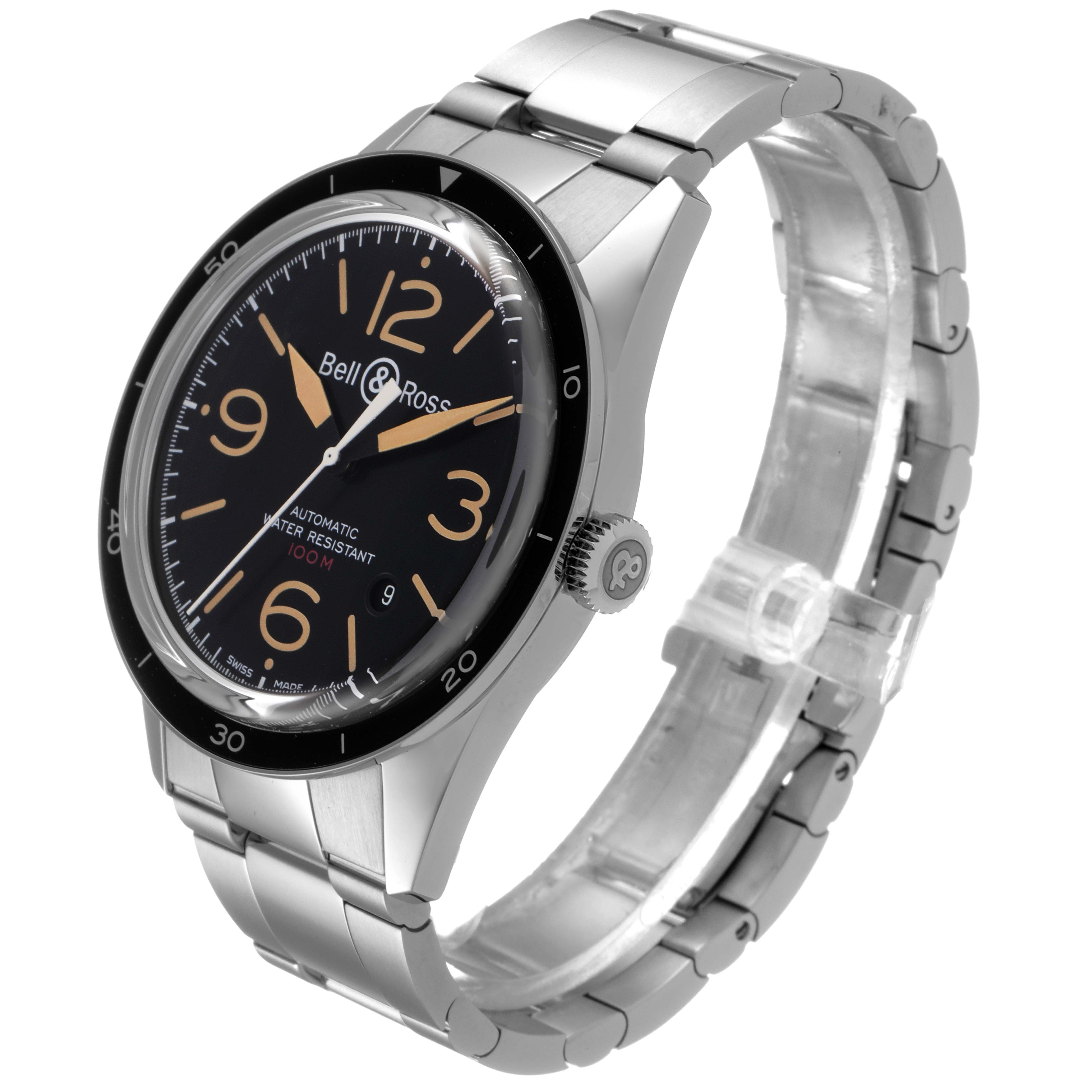 This image shows a Bell & Ross Heritage BRV123-ST-HER/SST Men's Stainless Steel Black Dial BRV123-ST-HER/SST Men's Stainless Steel Black Dial model watch at a three-quarter angle, displaying the dial, bezel, crown, and bracelet.