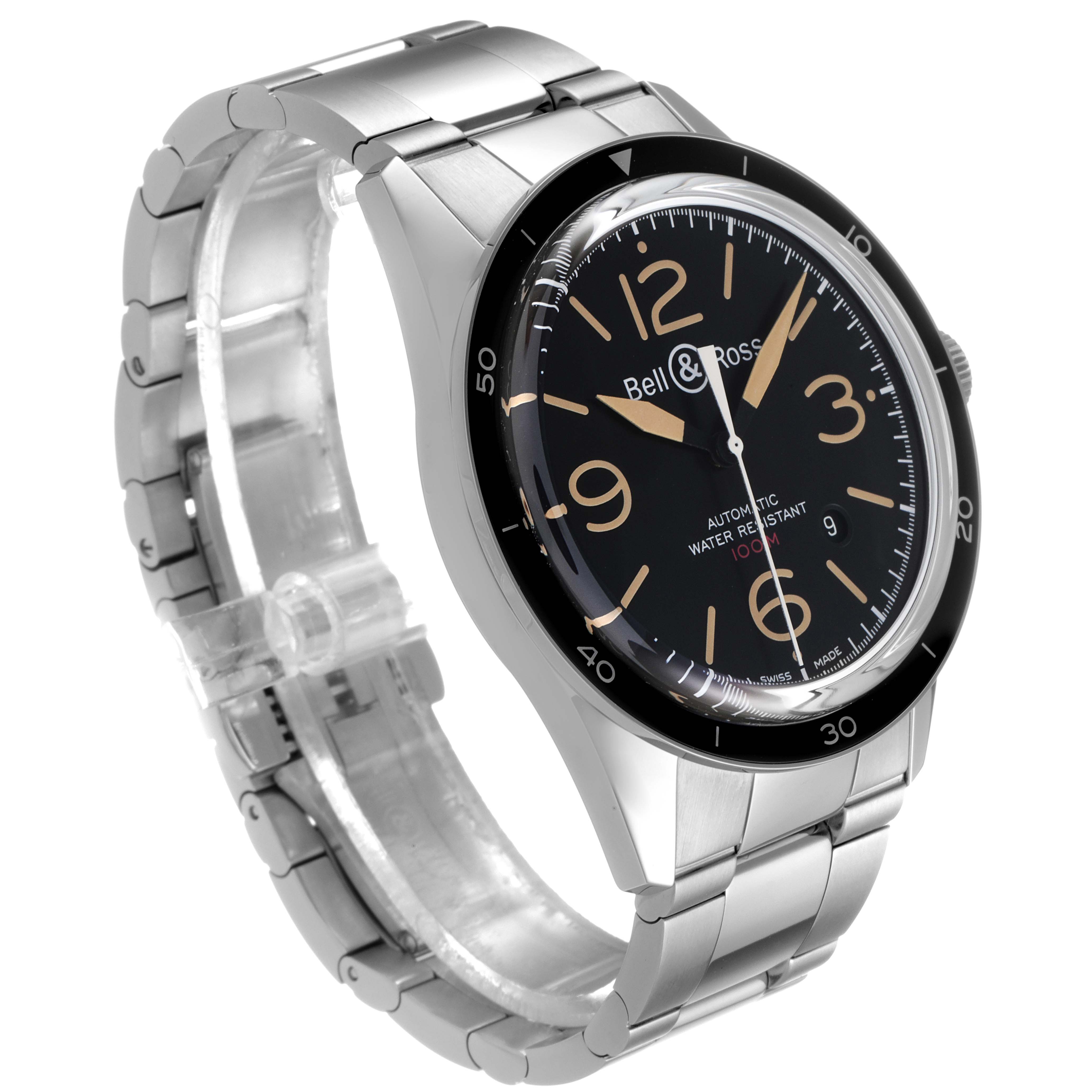 The Bell & Ross Heritage BRV123-ST-HER/SST Men's Stainless Steel Black Dial BRV123-ST-HER/SST Men's Stainless Steel Black Dial model watch is shown at an angle highlighting the steel bracelet, black dial, and bezel with tan numerals and hands.