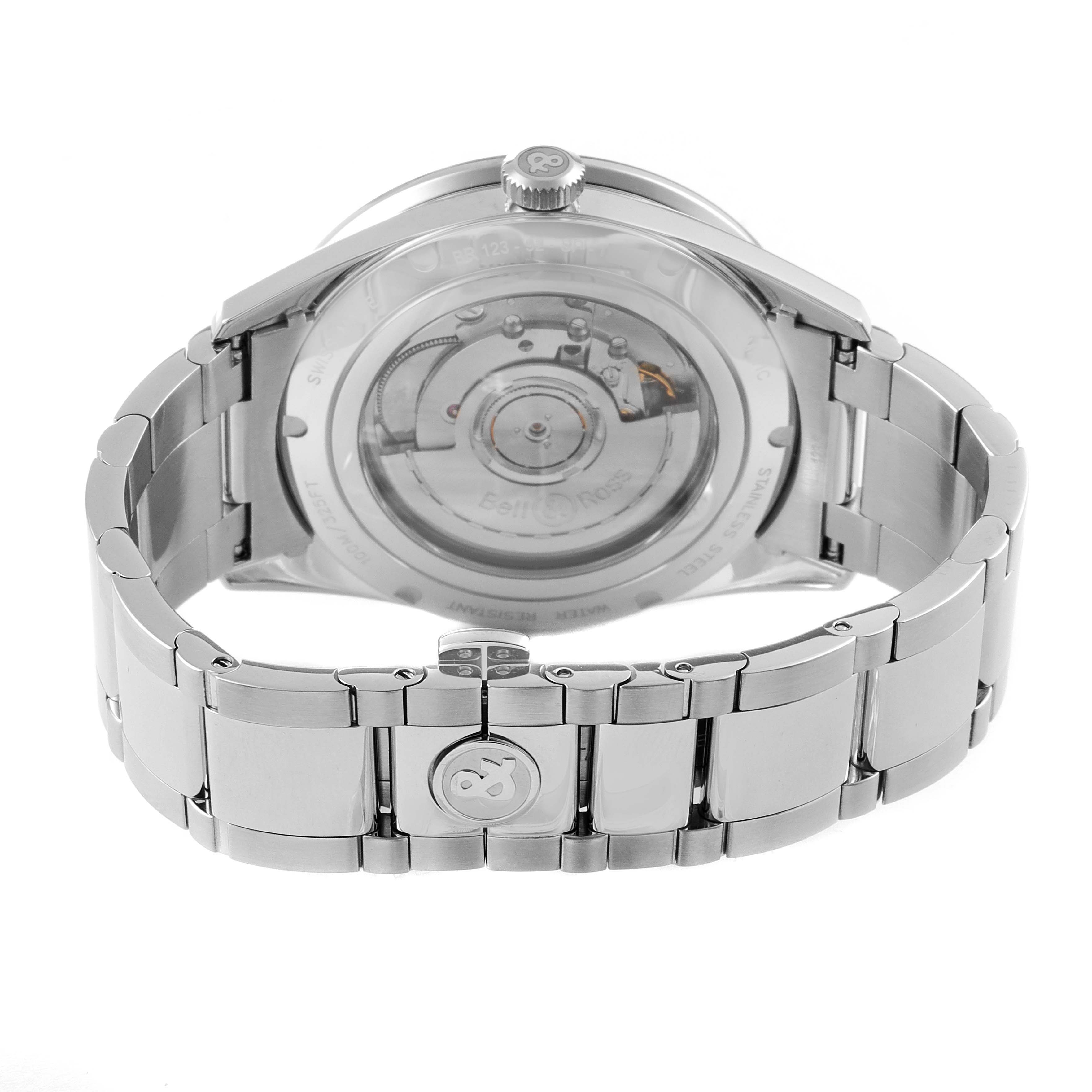 The image displays the case back and bracelet of the Bell & Ross Heritage BRV123-ST-HER/SST Men's Stainless Steel Black Dial BRV123-ST-HER/SST Men's Stainless Steel Black Dial model watch from a rear angle.