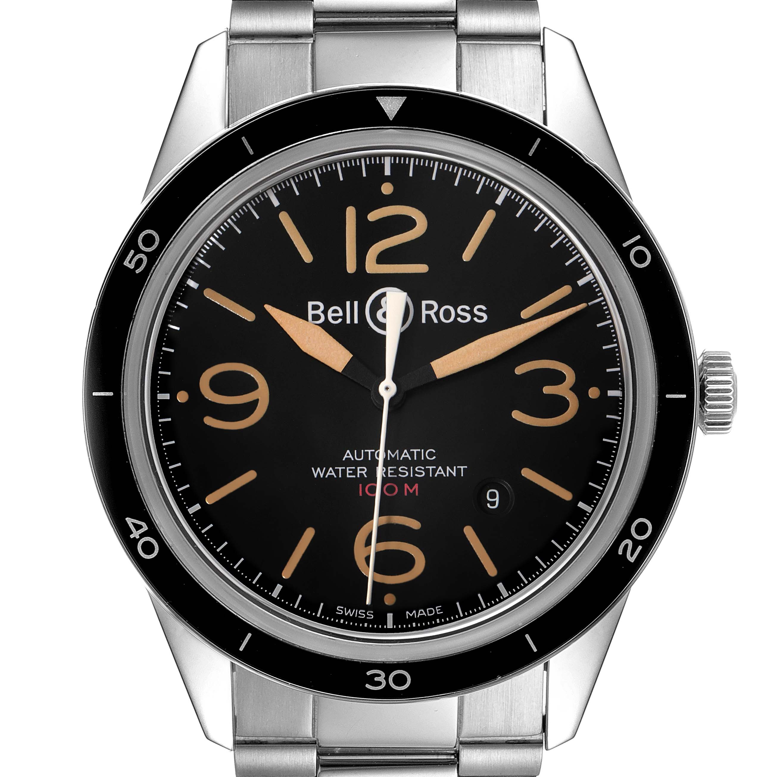 This image shows a front view of a Bell & Ross Heritage BRV123-ST-HER/SST Men's Stainless Steel Black Dial BRV123-ST-HER/SST Men's Stainless Steel Black Dial model watch, highlighting the dial, bezel, and stainless steel bracelet.