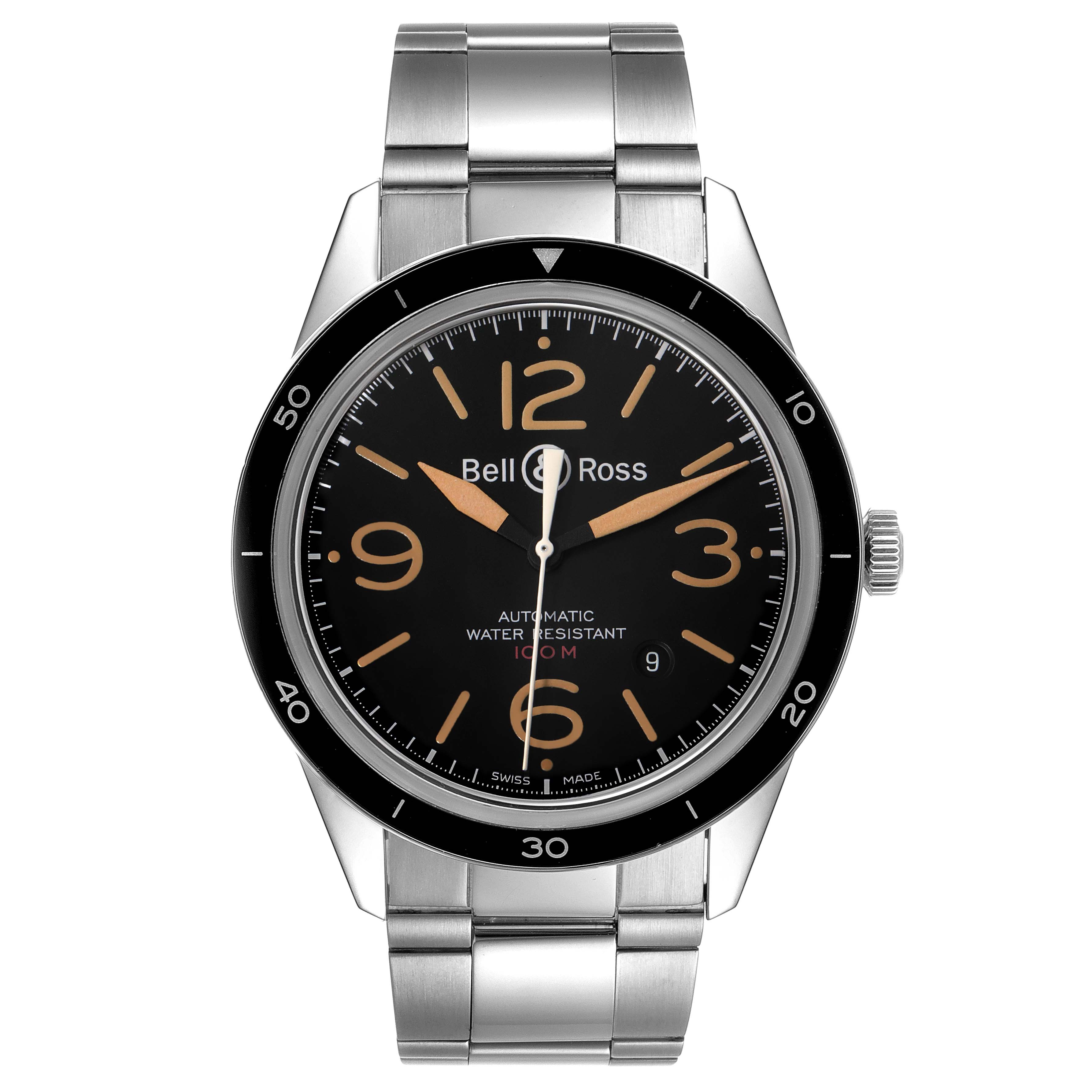 The image shows a front view of the Bell & Ross Heritage BRV123-ST-HER/SST Men's Stainless Steel Black Dial BRV123-ST-HER/SST Men's Stainless Steel Black Dial model watch, displaying its dial, bezel, crown, and stainless steel bracelet.