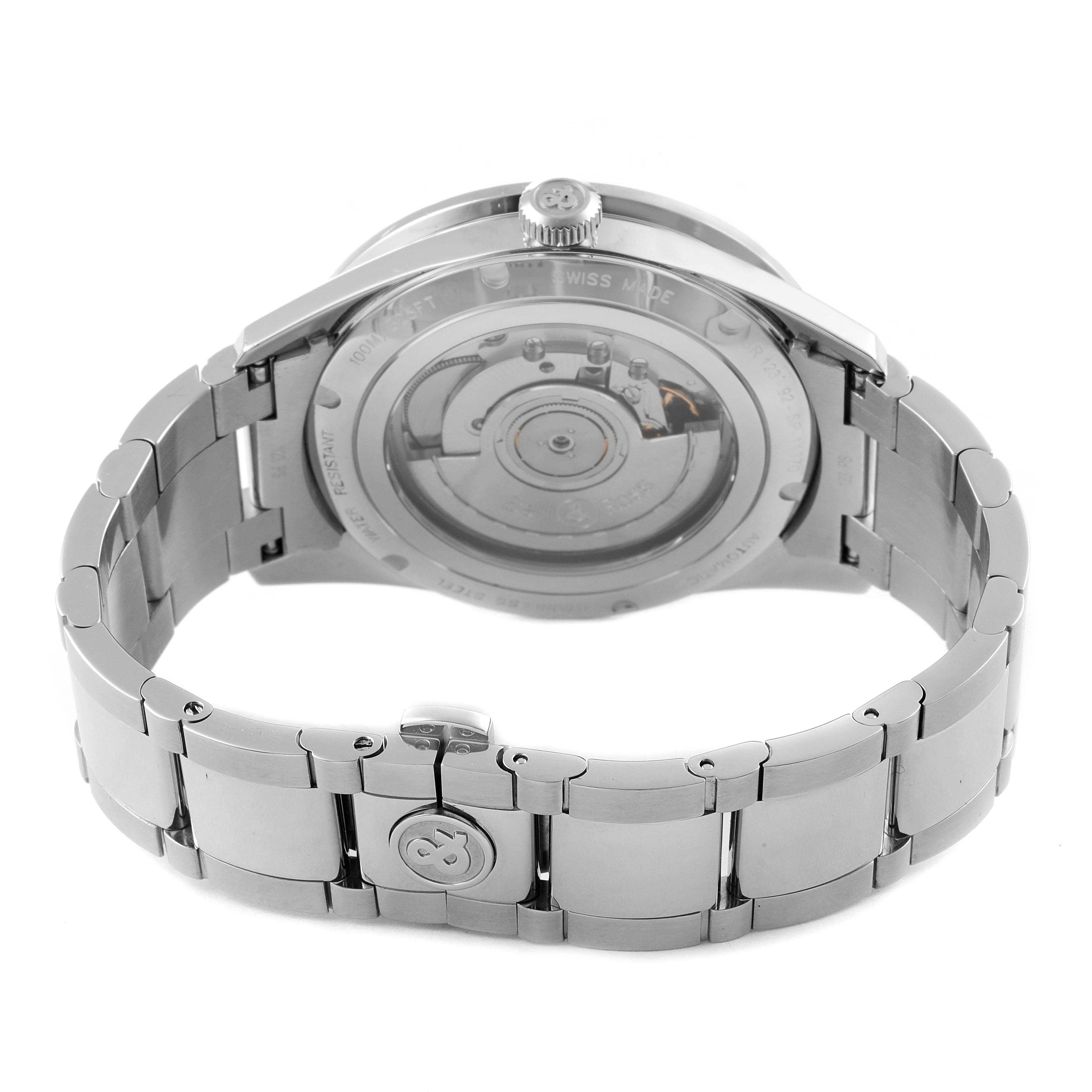 The image shows the back view of the Bell & Ross Heritage BRV123-ST-HER/SST Men's Stainless Steel Black Dial BRV123-ST-HER/SST Men's Stainless Steel Black Dial model watch, highlighting its stainless steel bracelet and open case back.