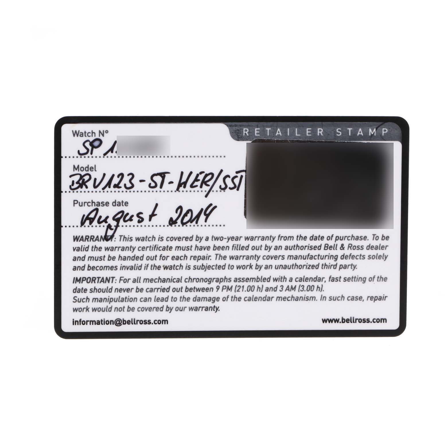 This image shows a warranty card with handwritten details for the Bell & Ross Heritage BRV123-ST-HER/SST Men's Stainless Steel Black Dial BRV123-ST-HER/SST Men's Stainless Steel Black Dial BRV123-ST-HER/SST model.