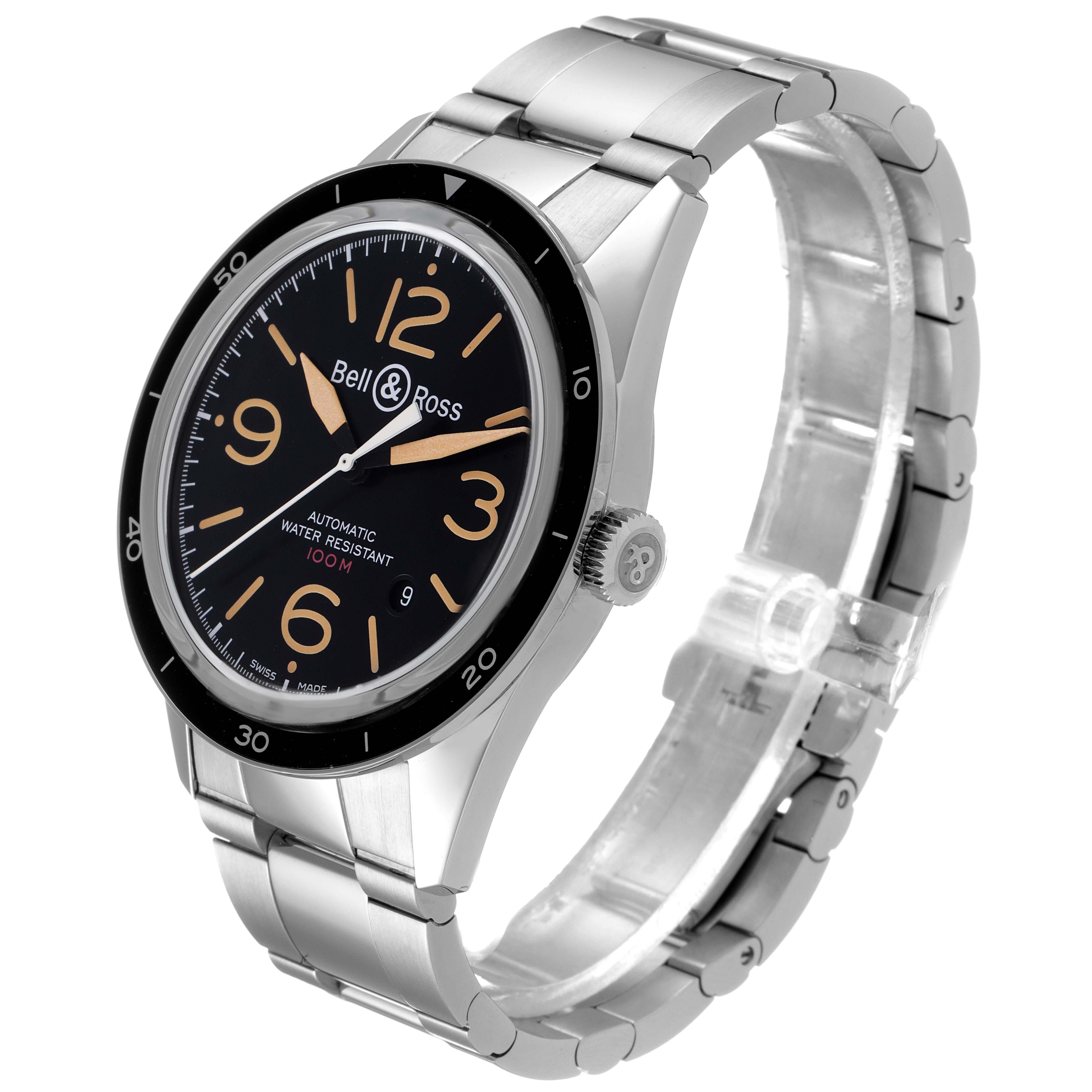 The Bell & Ross Heritage BRV123-ST-HER/SST Men's Stainless Steel Black Dial BRV123-ST-HER/SST Men's Stainless Steel Black Dial model watch is shown at a three-quarter angle, highlighting the face, bezel, crown, and metal bracelet.