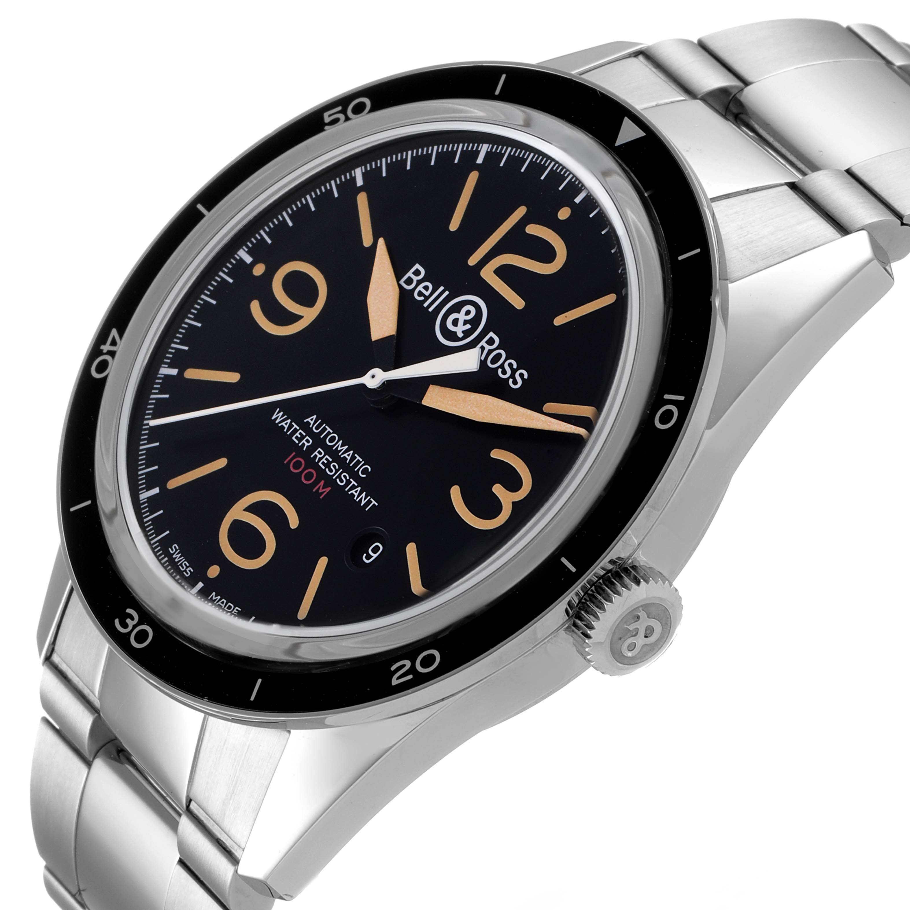 The image shows a close-up side angle of the Bell & Ross Heritage BRV123-ST-HER/SST Men's Stainless Steel Black Dial BRV123-ST-HER/SST Men's Stainless Steel Black Dial model, highlighting the face, bezel, crown, and bracelet.