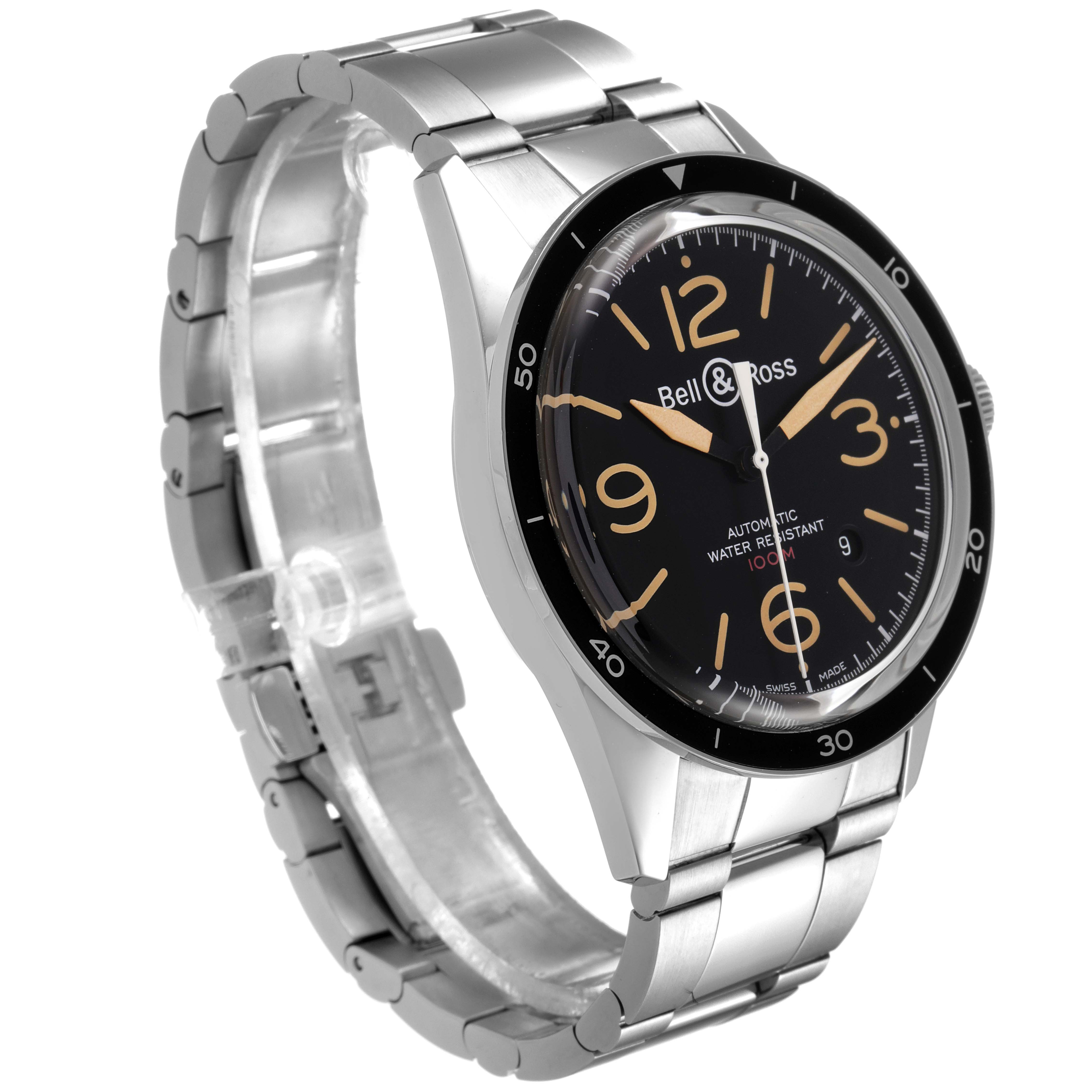 The image shows a Bell & Ross Heritage BRV123-ST-HER/SST Men's Stainless Steel Black Dial BRV123-ST-HER/SST Men's Stainless Steel Black Dial model watch from a three-quarter front angle, highlighting the dial and stainless steel bracelet.