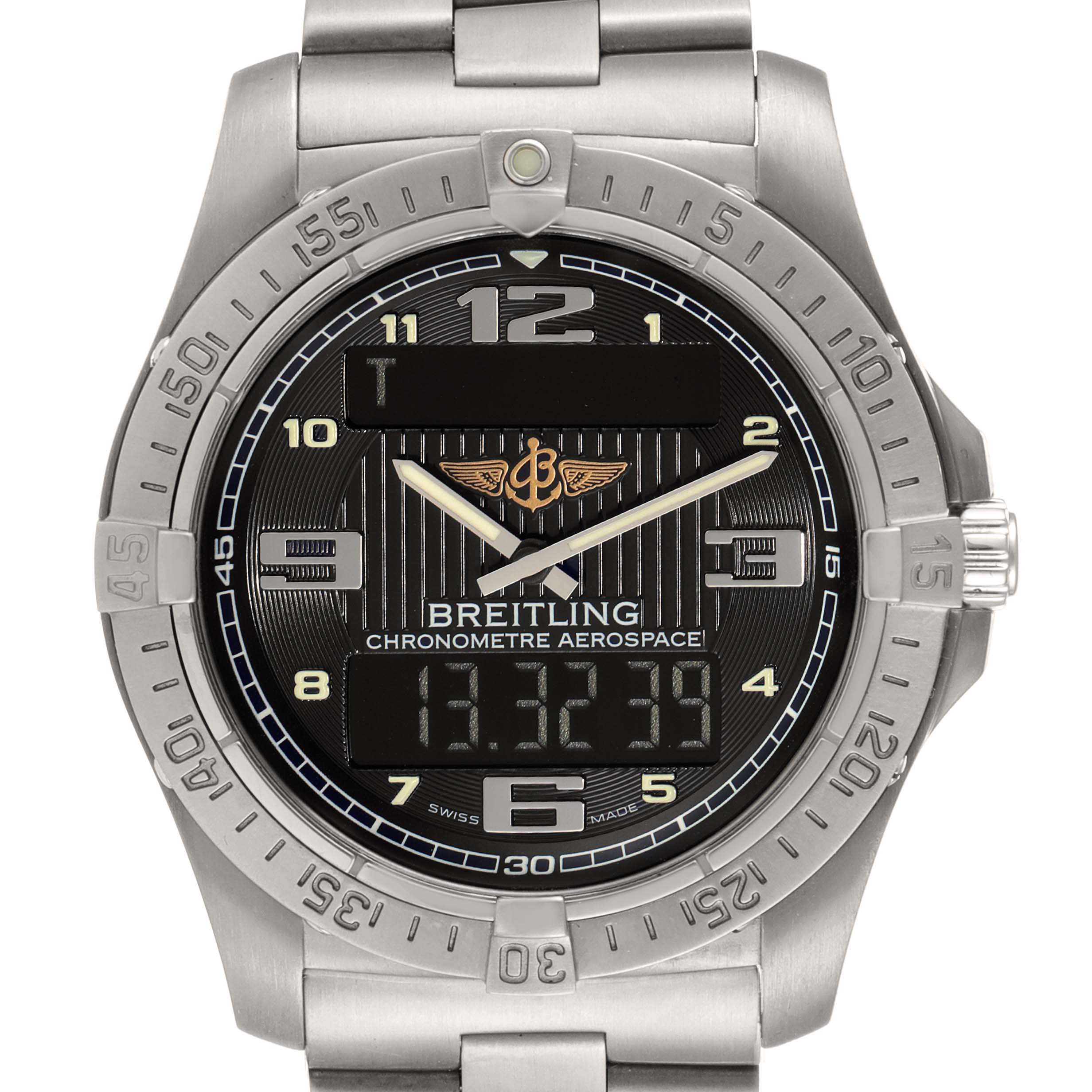The image shows a front view of a Breitling Professional Series E79362 Men's Titanium Grey Dial E79362 Men's Titanium Grey Dial Chronometre Aerospace watch, highlighting its dial and bezel.