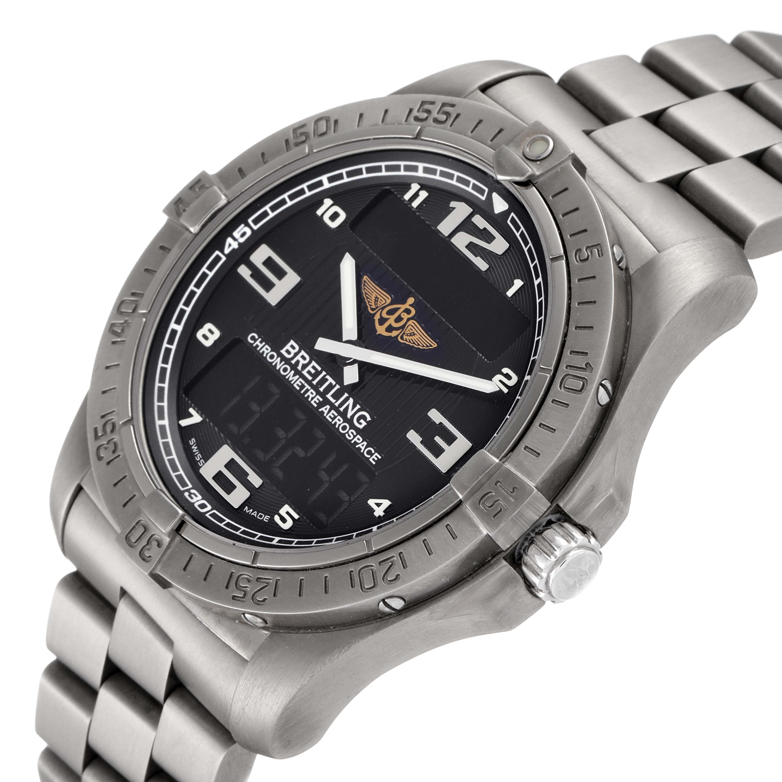 The image shows a Breitling Professional Series E79362 Men's Titanium Grey Dial E79362 Men's Titanium Grey Dial model watch with a stainless steel band and a black dial, viewed at an angled perspective.