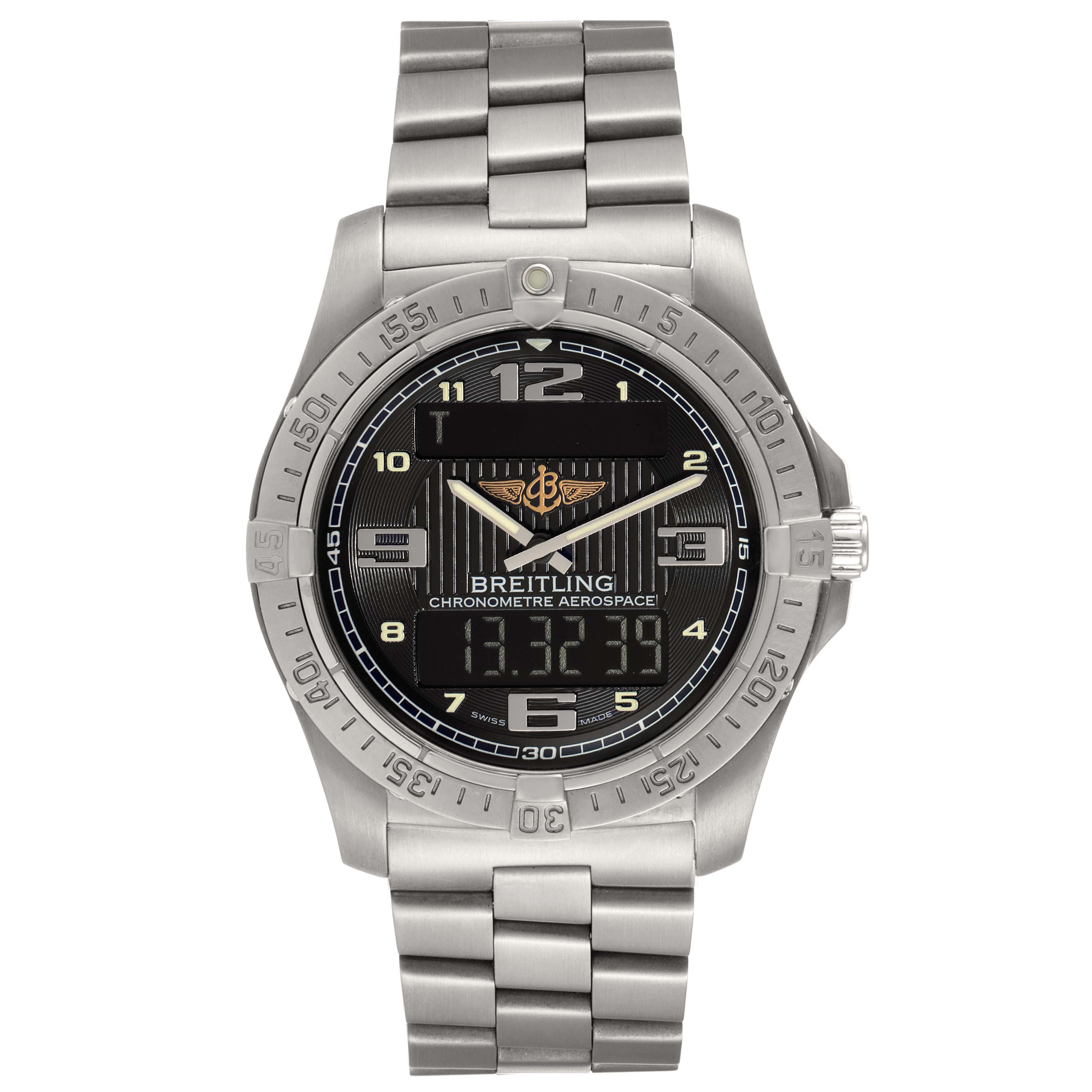 The image shows a front view of the Breitling Professional Series E79362 Men's Titanium Grey Dial E79362 Men's Titanium Grey Dial model watch, displaying its dial, hands, bezel, and bracelet.