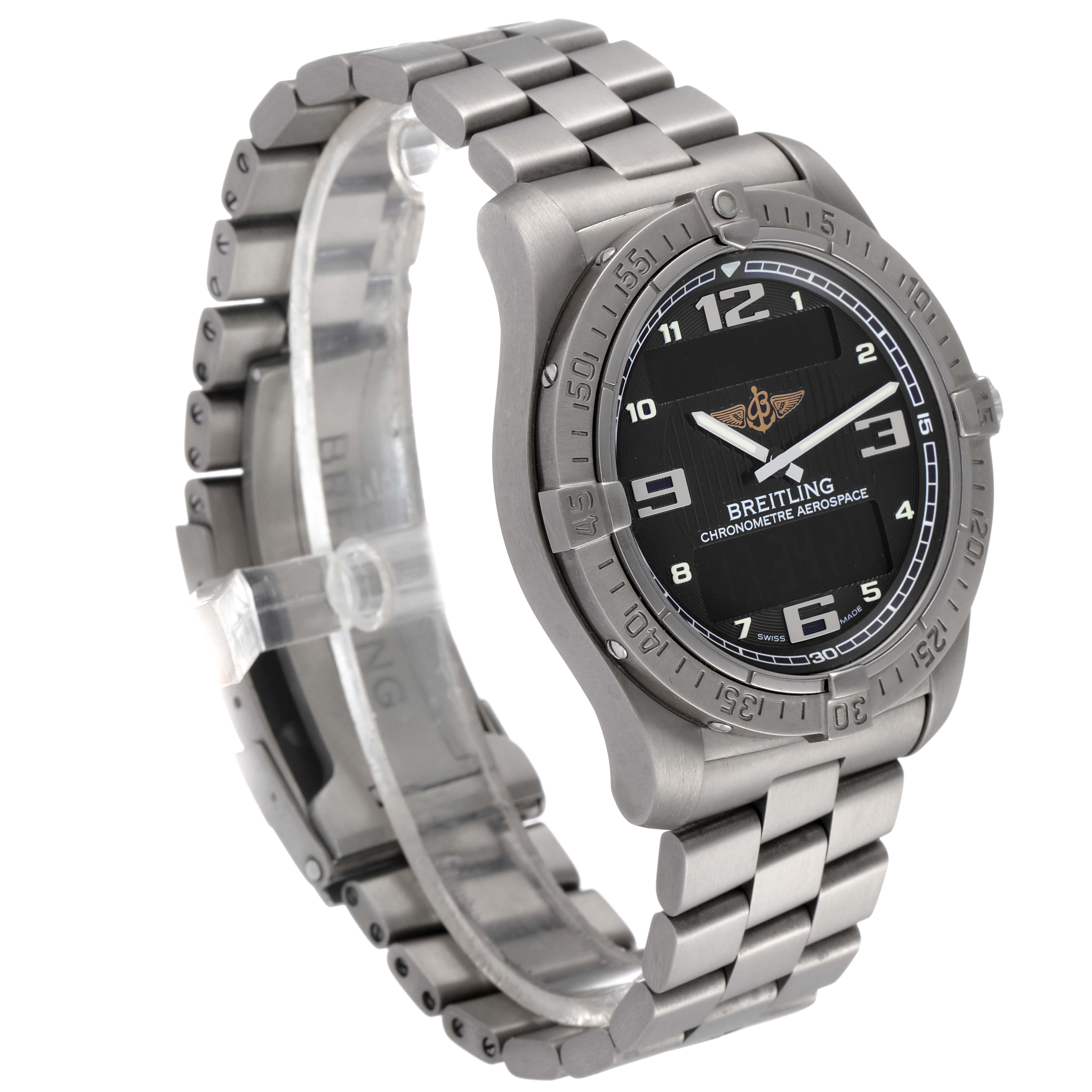 This image shows a Breitling Professional Series E79362 Men's Titanium Grey Dial E79362 Men's Titanium Grey Dial Aerospace watch at an angled view, highlighting its face and metal bracelet.