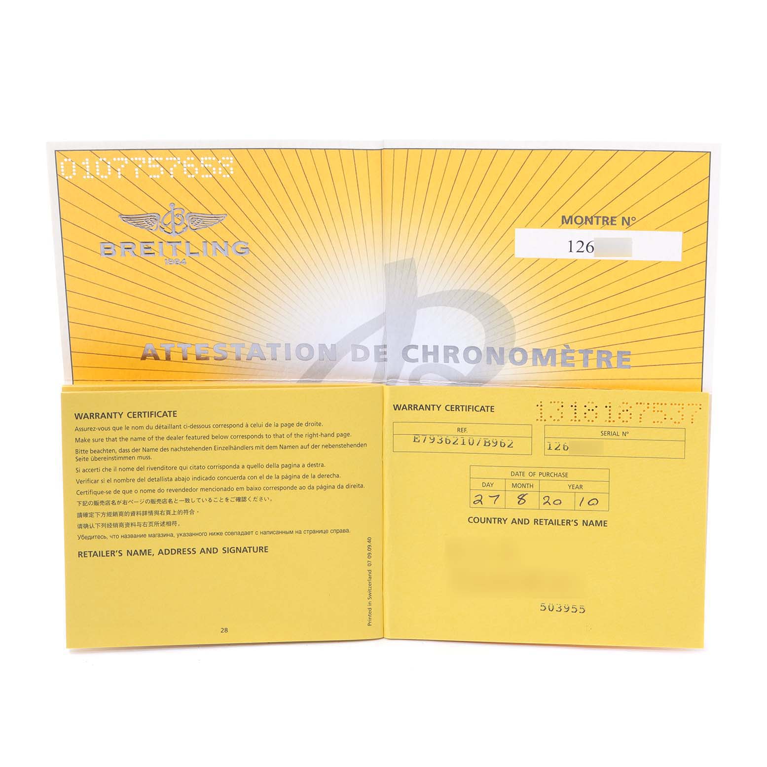 The image shows the warranty and chronometer attestation certificates for the Breitling Professional Series E79362 Men's Titanium Grey Dial E79362 Men's Titanium Grey Dial watch model.