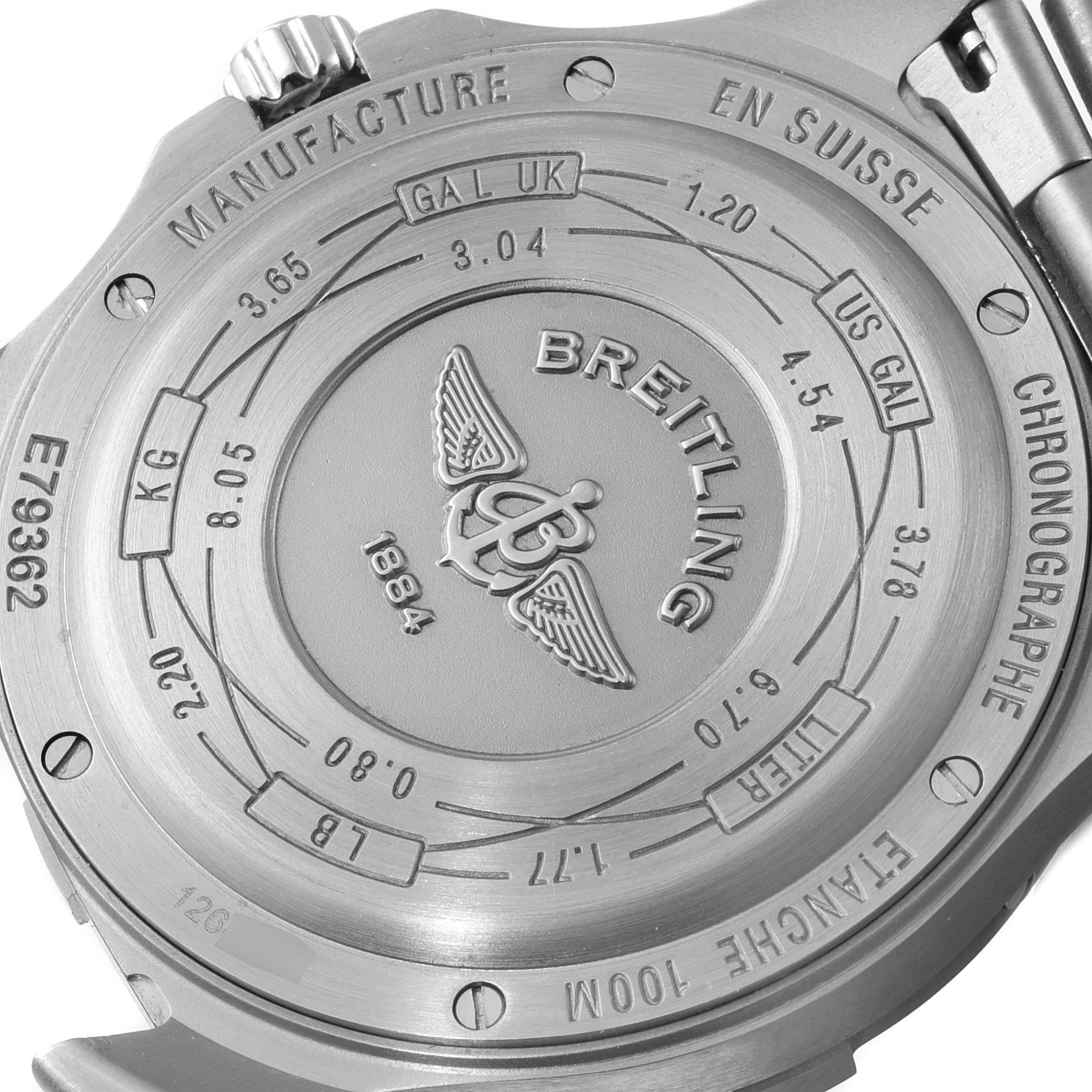 The image shows the back casing of a Breitling Professional Series E79362 Men's Titanium Grey Dial E79362 Men's Titanium Grey Dial watch, highlighting its engravings and markings.