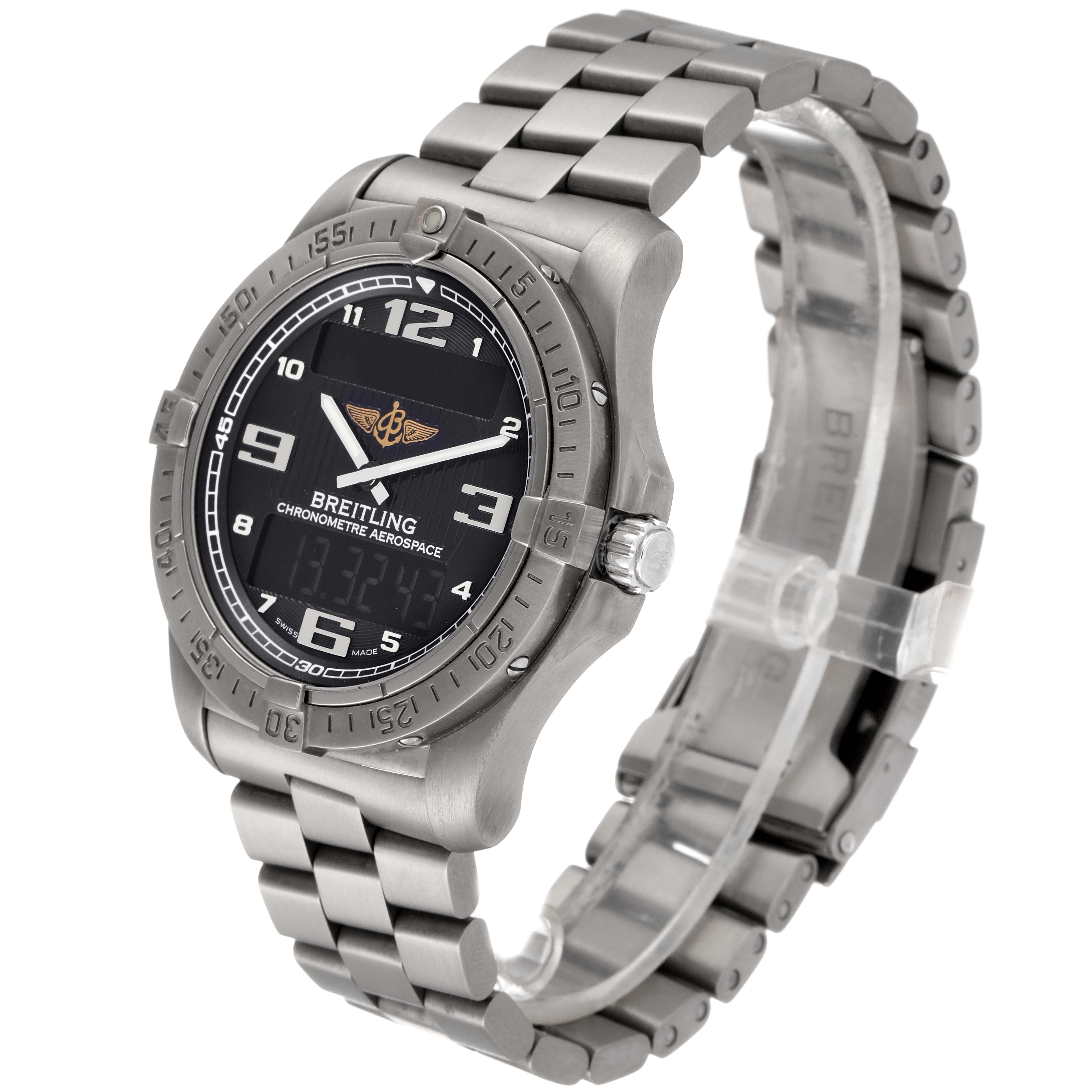 The Breitling Professional Series E79362 Men's Titanium Grey Dial E79362 Men's Titanium Grey Dial watch is shown at an angled side view, displaying the face, bezel, and bracelet.