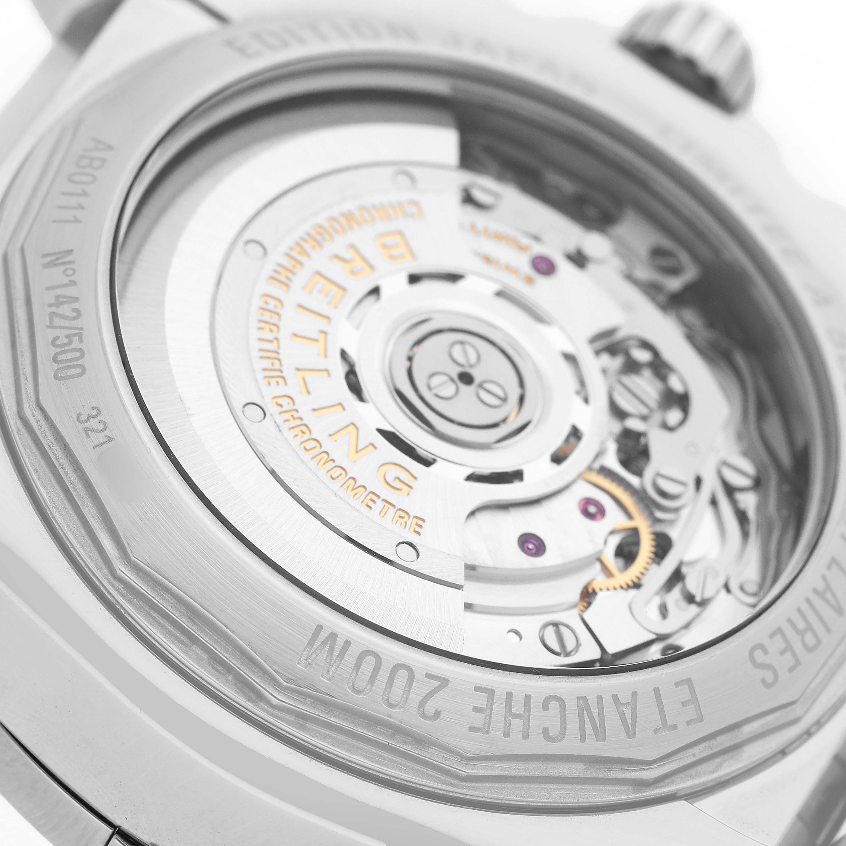 The image shows the back case of a Breitling Chronomat AB01111A/BF68 Men's Stainless Steel Mother of Pearl Dial, highlighting the movement and rotor details.