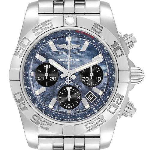 The Breitling Chronomat AB01111A/BF68 Men's Stainless Steel Mother of Pearl Dial watch is shown from a front angle, highlighting its face, bezel, and chronograph dials.