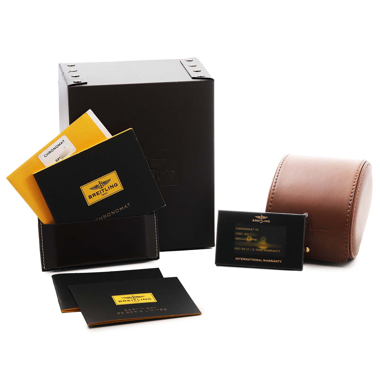 The image shows a Breitling Chronomat AB01111A/BF68 Men's Stainless Steel Mother of Pearl Dial box, manuals, warranty card, and a leather case, viewed from the front.