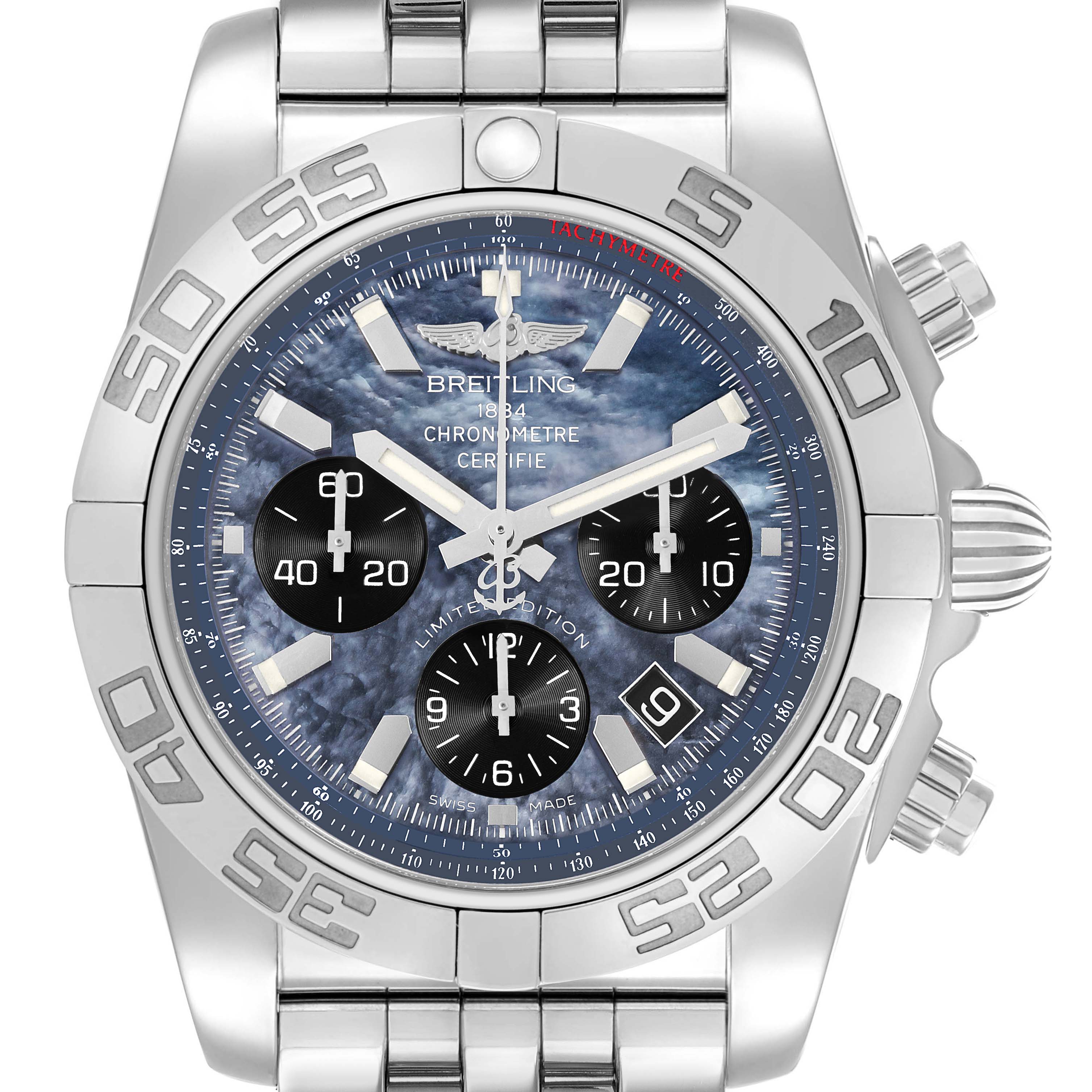 The Breitling Chronomat AB01111A/BF68 Men's Stainless Steel Mother of Pearl Dial watch is shown from a front angle, highlighting the face, bezel, and metal bracelet.