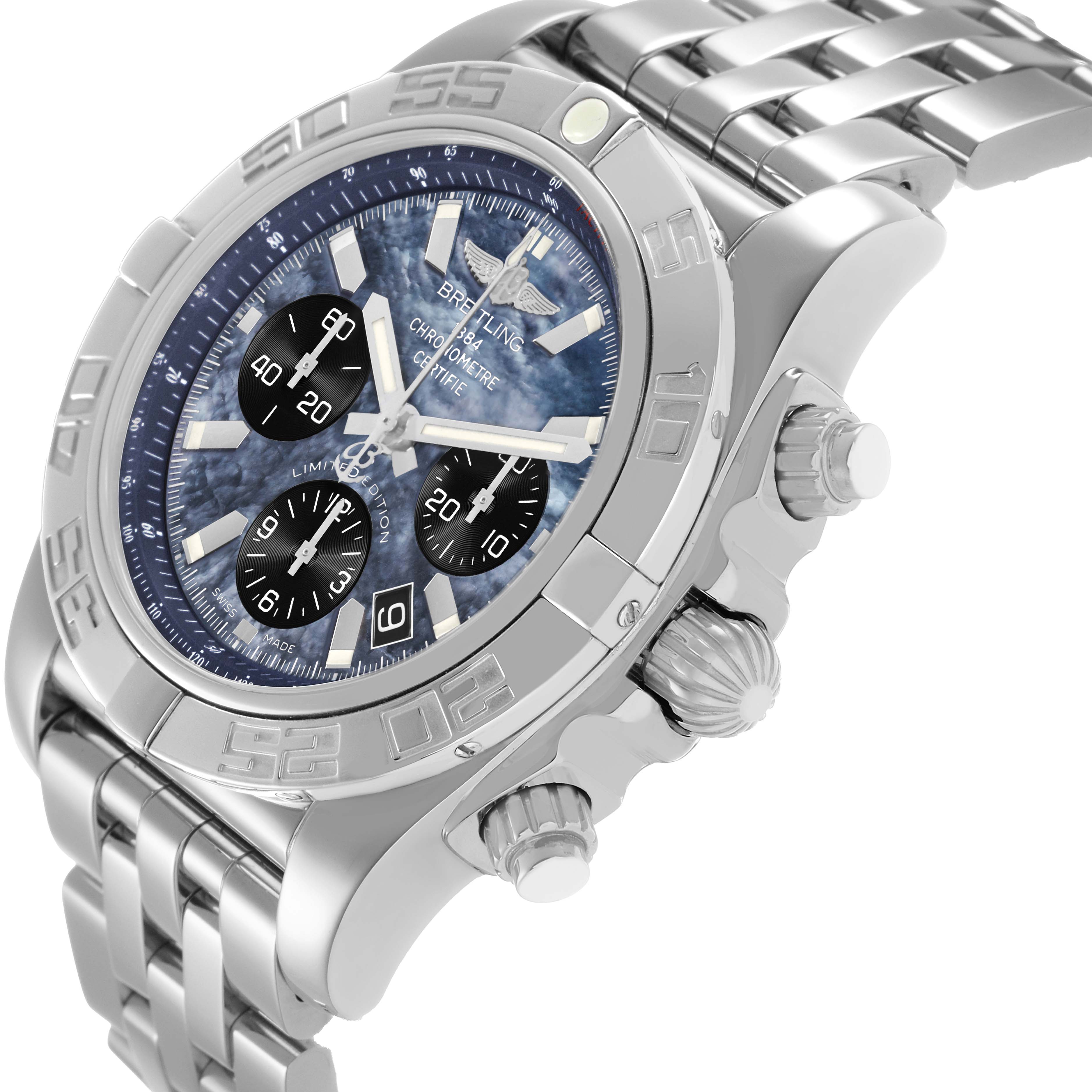 The Breitling Chronomat AB01111A/BF68 Men's Stainless Steel Mother of Pearl Dial watch is shown at an angled side view, displaying the dial, bezel, crown, and part of the bracelet.
