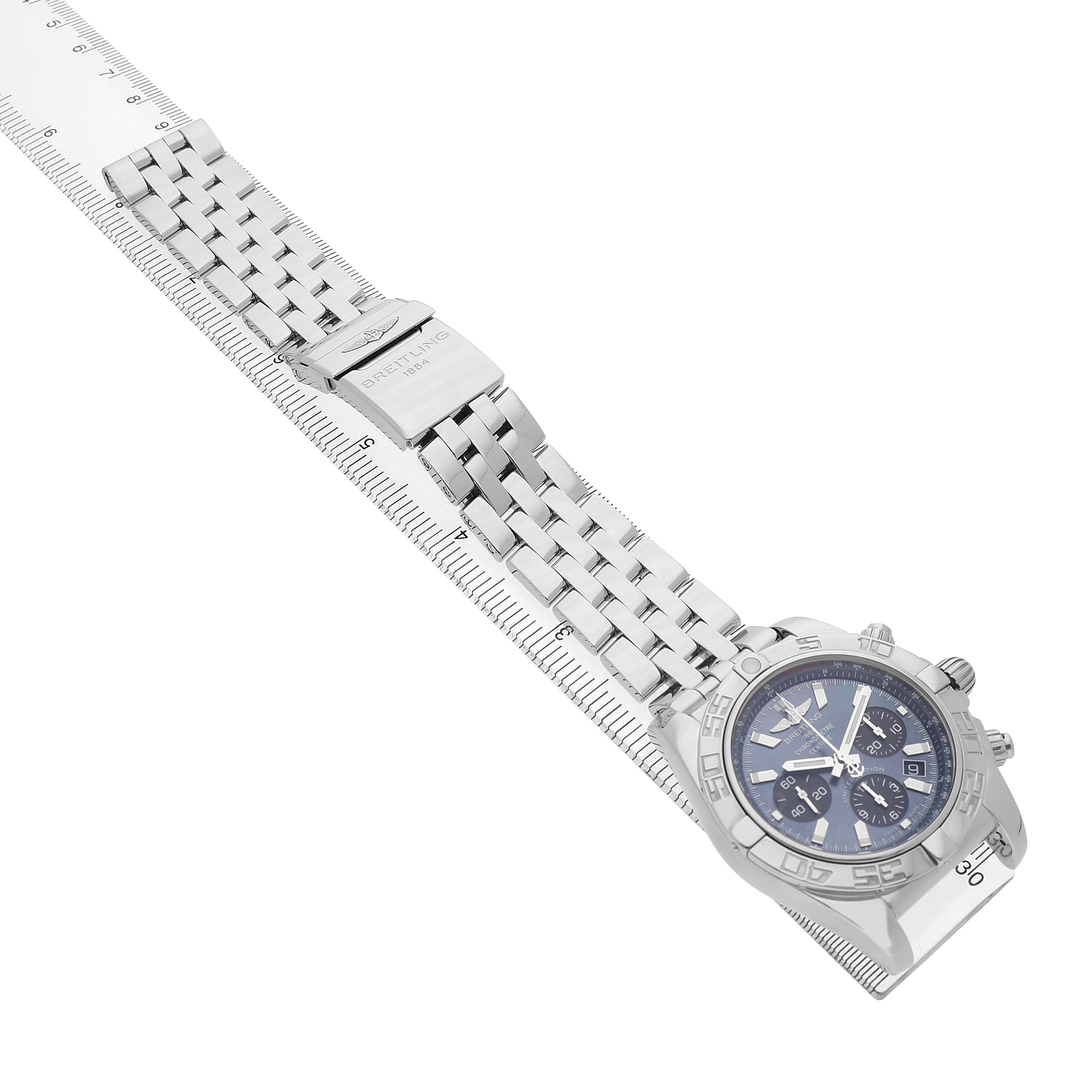The Breitling Chronomat AB01111A/BF68 Men's Stainless Steel Mother of Pearl Dial watch is shown angled diagonally with the bracelet fully extended and the face visible.