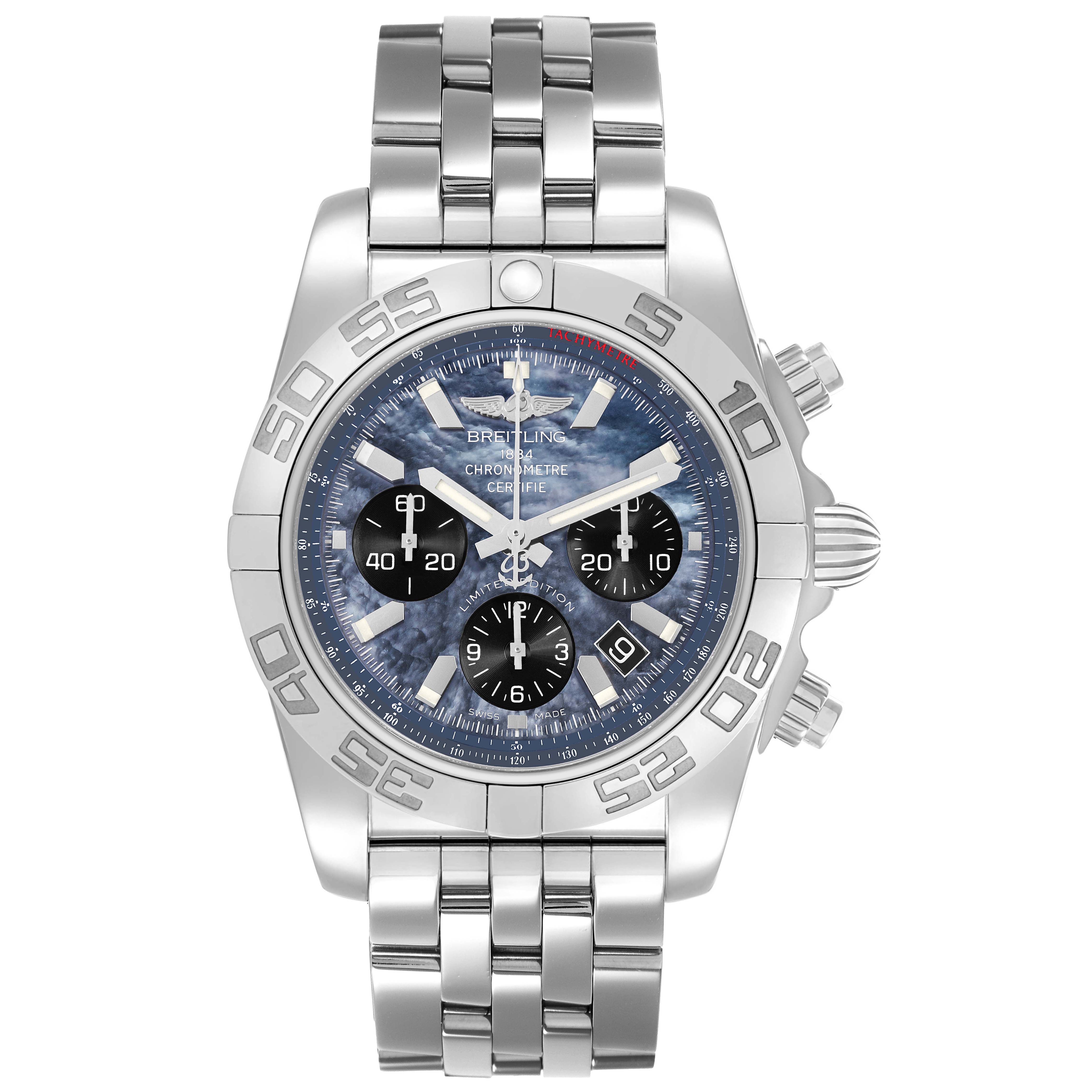 The Breitling Chronomat AB01111A/BF68 Men's Stainless Steel Mother of Pearl Dial watch is shown from a frontal angle, highlighting its face, bezel, and bracelet.