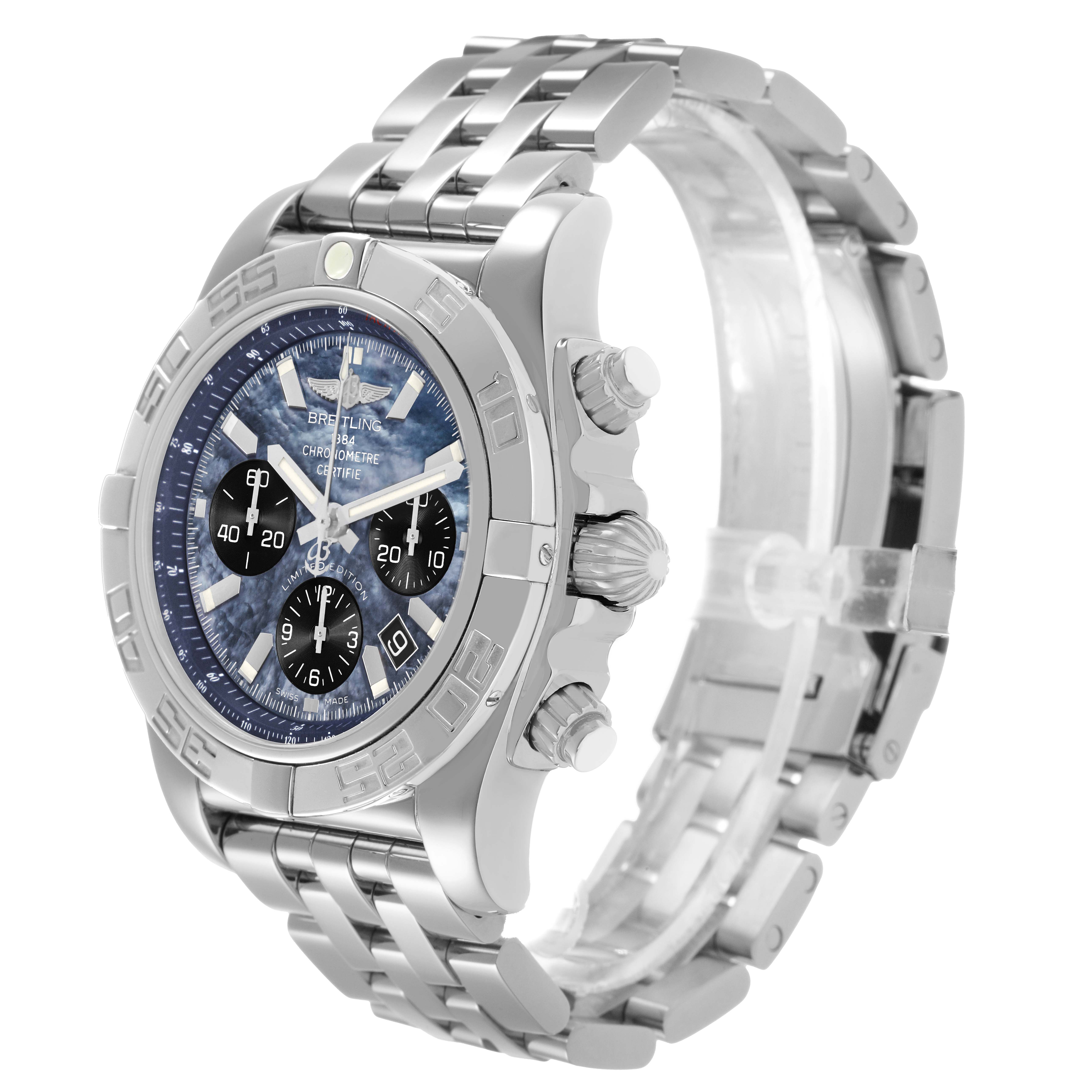 The Breitling Chronomat AB01111A/BF68 Men's Stainless Steel Mother of Pearl Dial watch is shown in a side angle, highlighting the bezel, dial, pushers, crown, and bracelet.