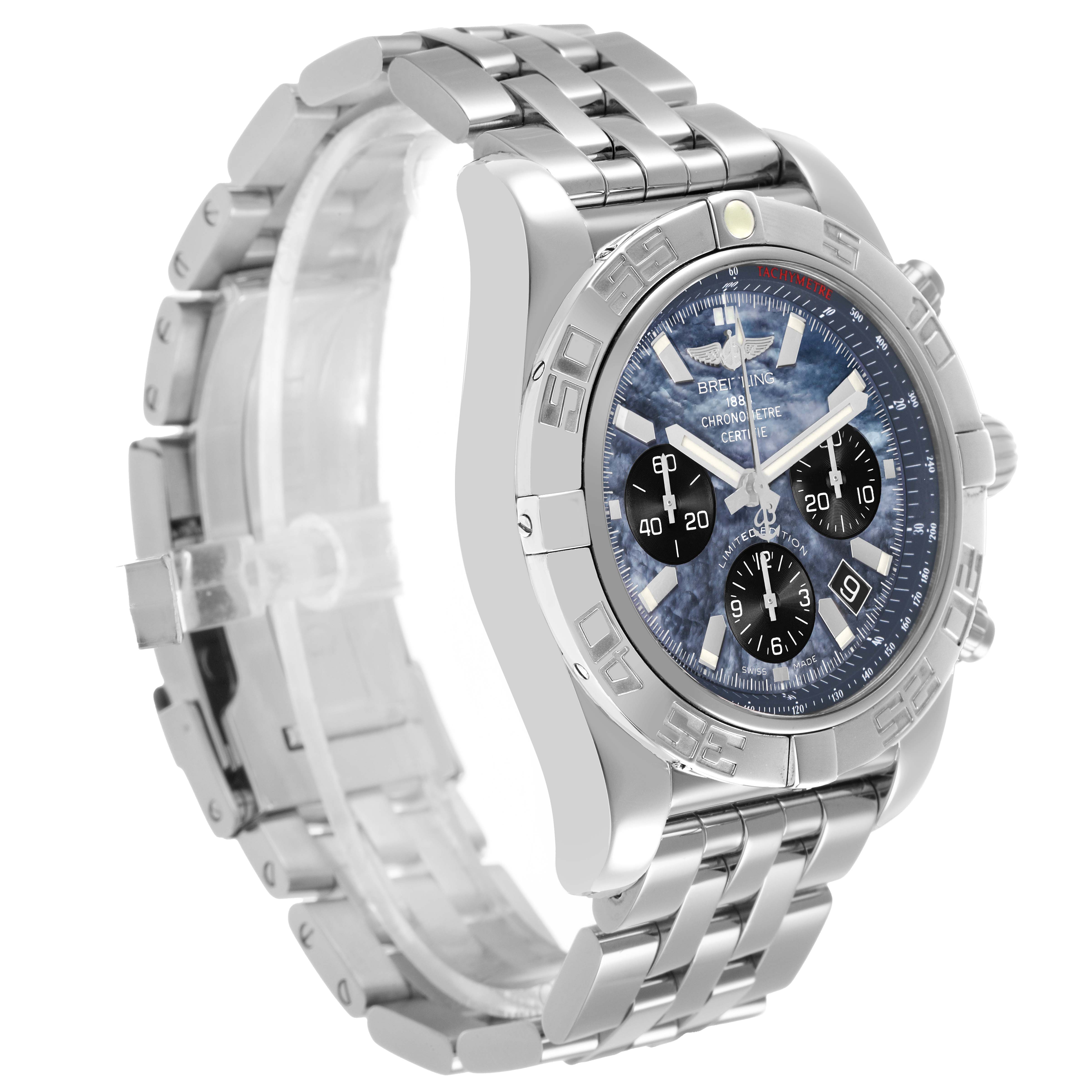 The Breitling Chronomat AB01111A/BF68 Men's Stainless Steel Mother of Pearl Dial watch is shown at a three-quarter angle, highlighting the dial, bezel, and metal bracelet.