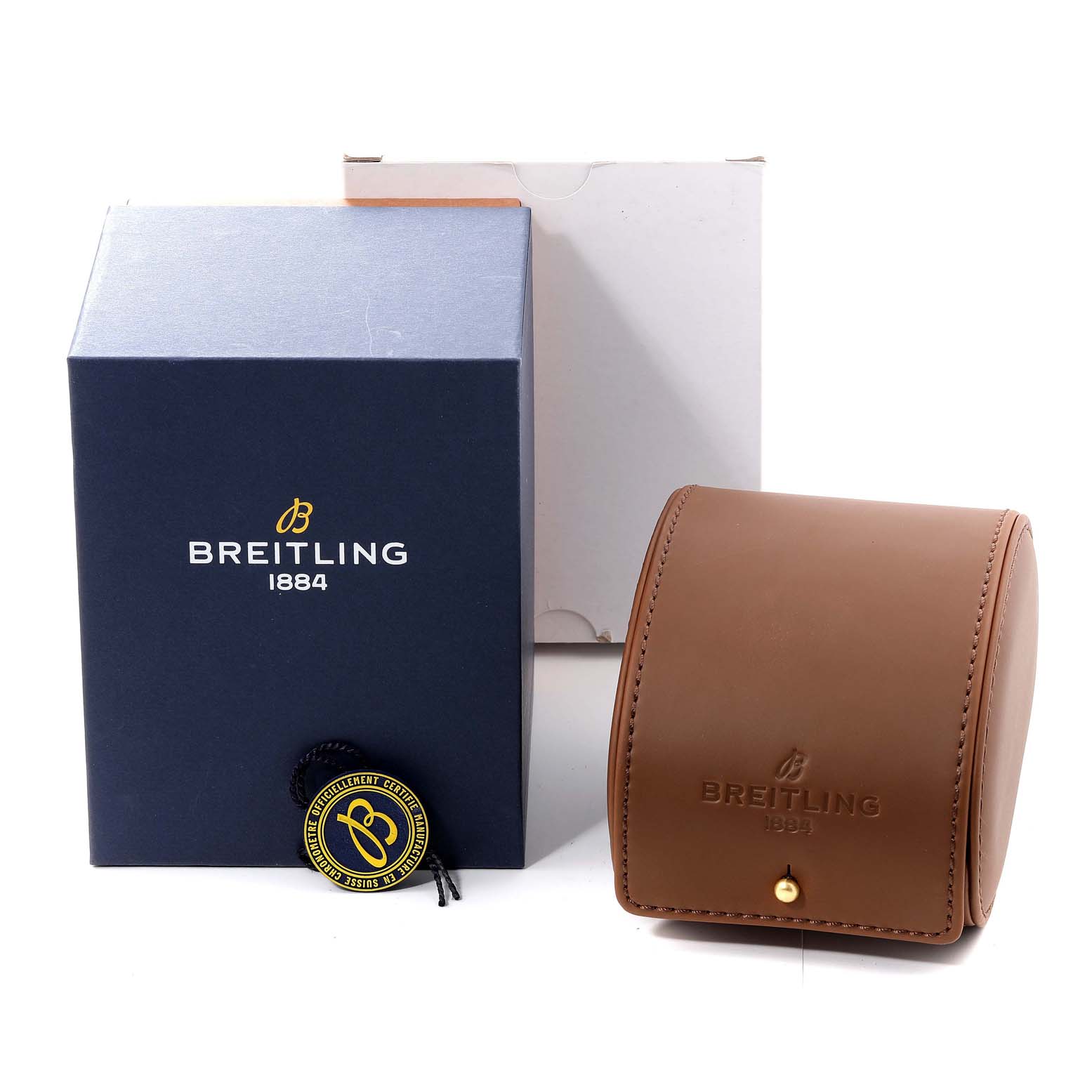 The image shows the Breitling Colt A17388 Men's Stainless Steel Black Dial A17388 Men's Stainless Steel Black Dial watch box, leather travel case, and authenticity tag.