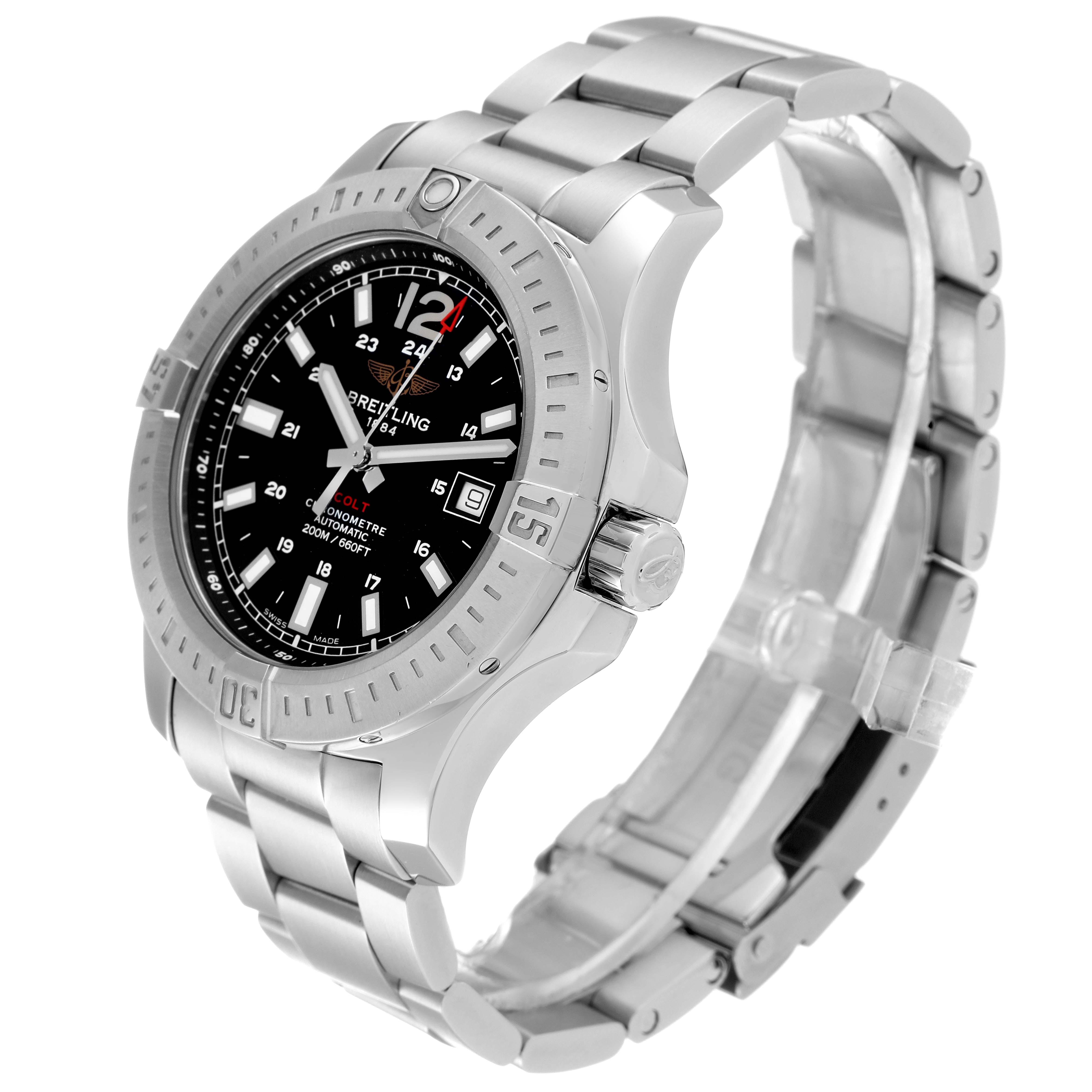 The Breitling Colt A17388 Men's Stainless Steel Black Dial A17388 Men's Stainless Steel Black Dial watch is shown at a three-quarter angle, highlighting its face, bezel, crown, and metal bracelet.