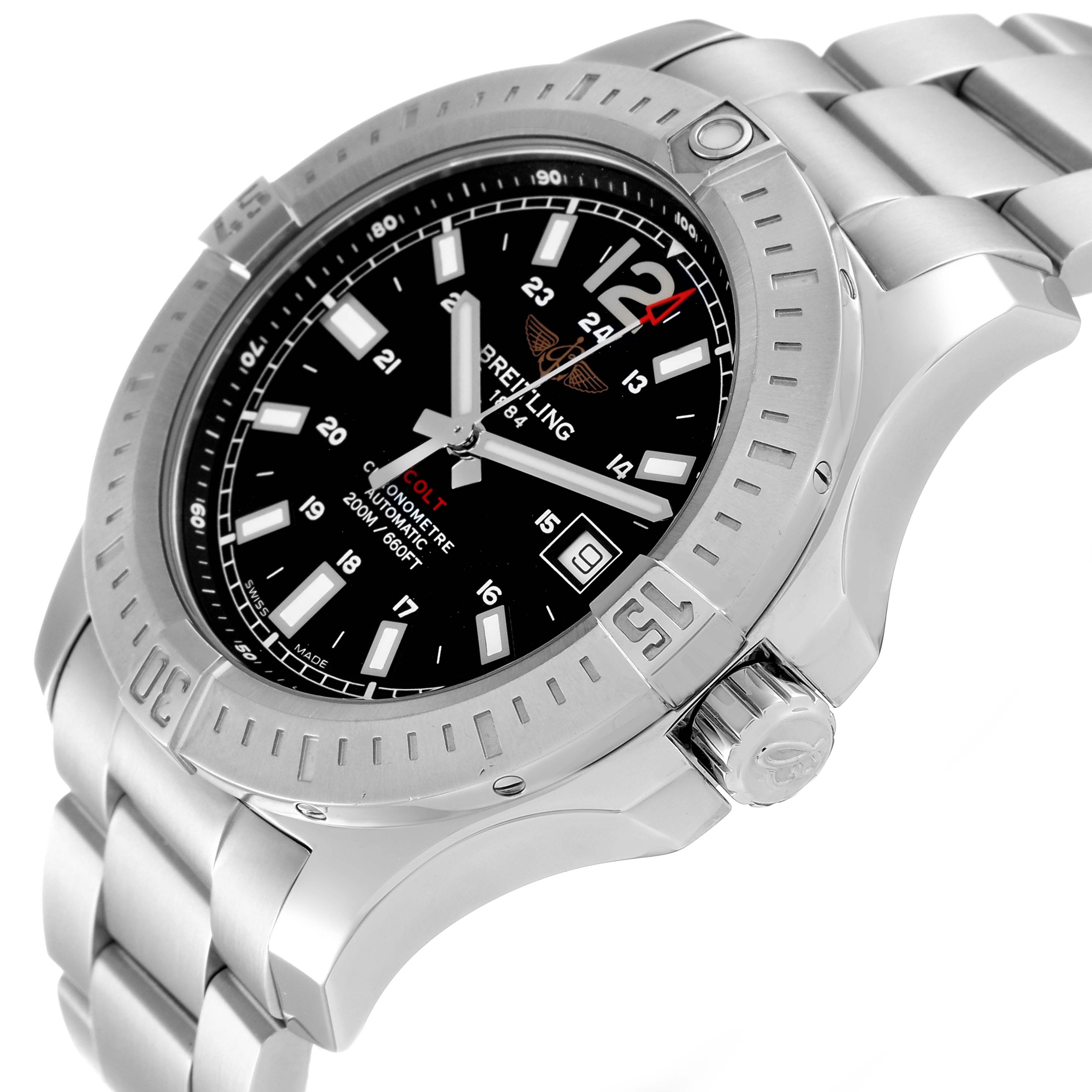The Breitling Colt A17388 Men's Stainless Steel Black Dial A17388 Men's Stainless Steel Black Dial watch is shown from a slightly angled side view, highlighting the band, face, and bezel.