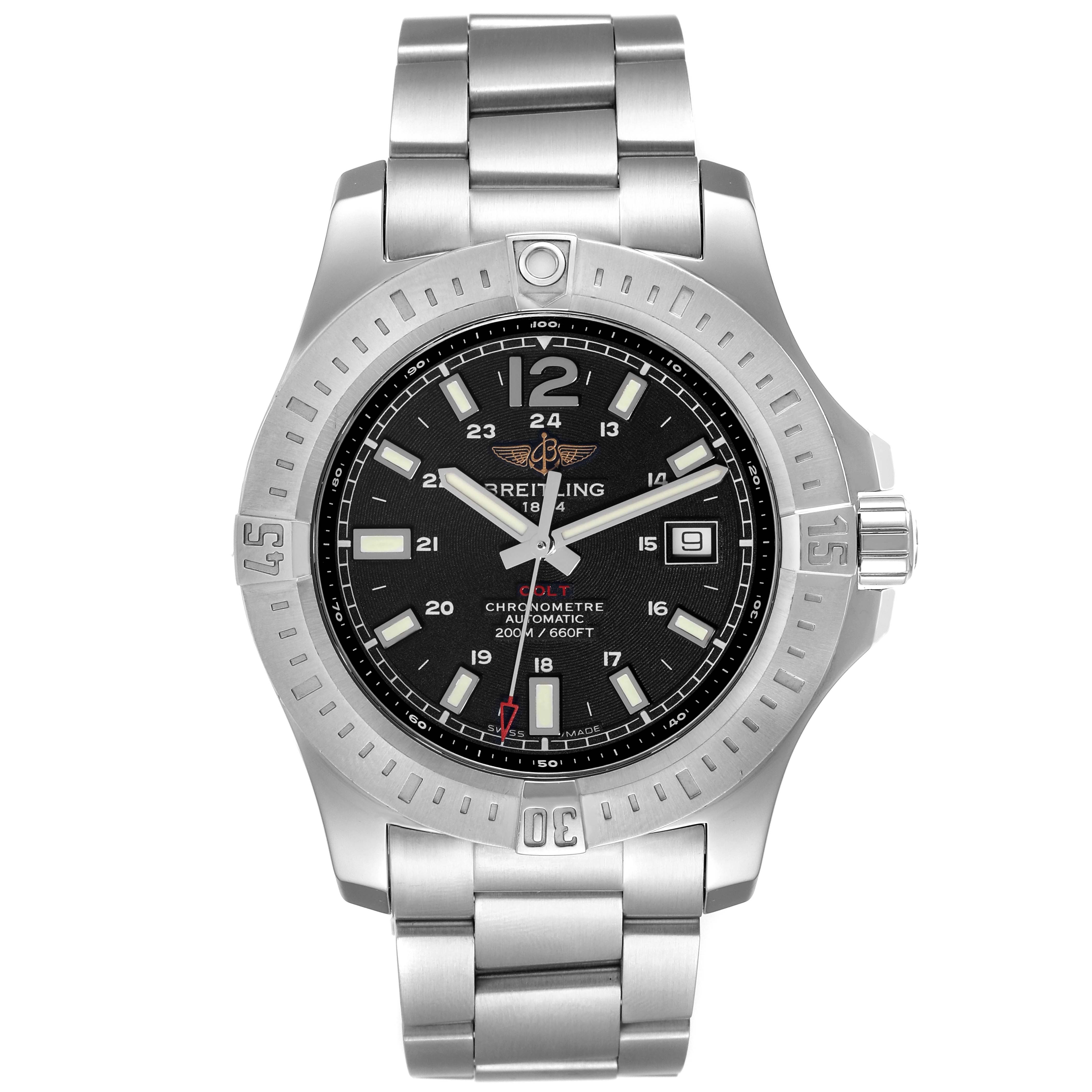 The image shows a front view of the Breitling Colt A17388 Men's Stainless Steel Black Dial A17388 Men's Stainless Steel Black Dial watch featuring its dial, bezel, and metal bracelet.
